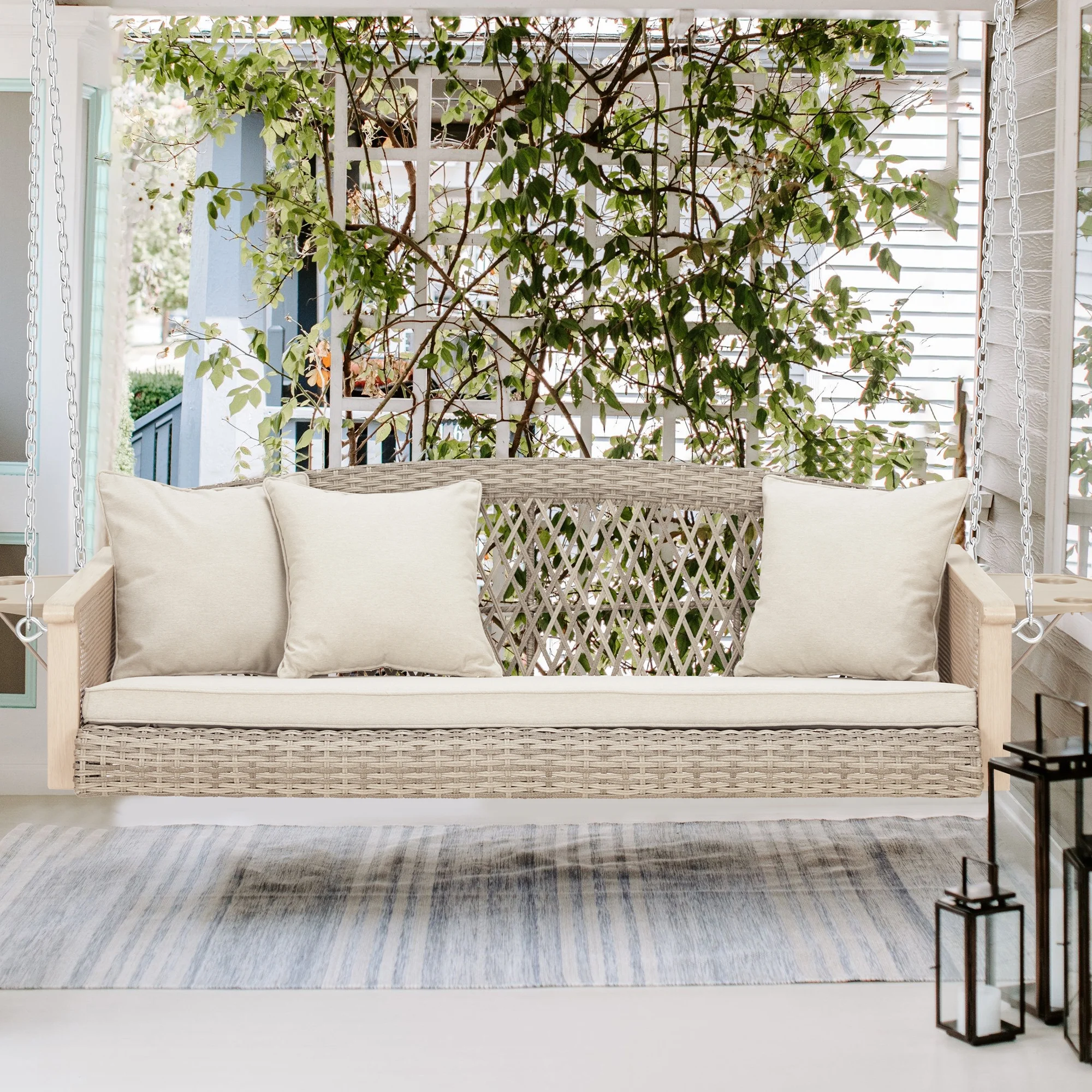 3-Person Porch Swing 55in Wicker Hanging Swing Bench with Cushions and Cupholders for Deck, Garden and Backyard, Beige(Beige) - Image 6