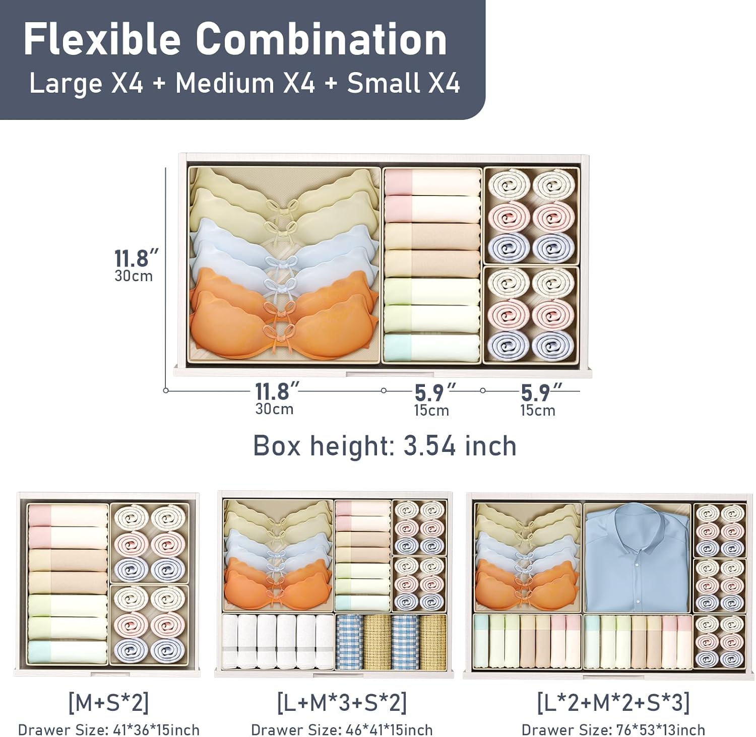 DIMJ Drawer Organizer for Clothes, 12 Pack Dresser Organizer, Foldable Closet Organizers and Storage, Fabric Dresser Bins, Drawer Dividers for Nursery, Baby Clothes, Underwear, Socks (Beige)