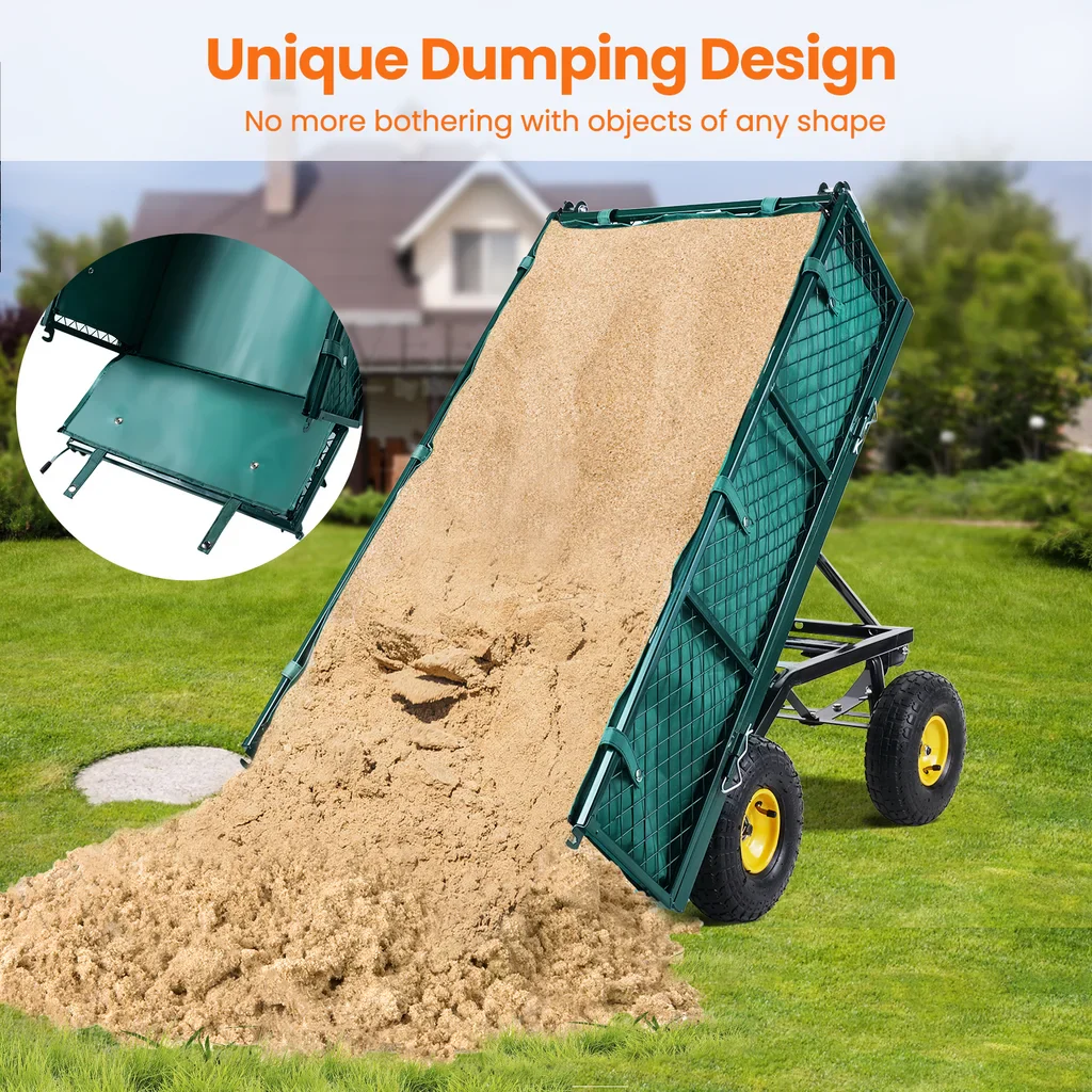 VECUKTY Heavy Duty Steel Dump Garden Cart with Liner, 900lbs Wagon 3 Cu ft 10 Wheel, Black