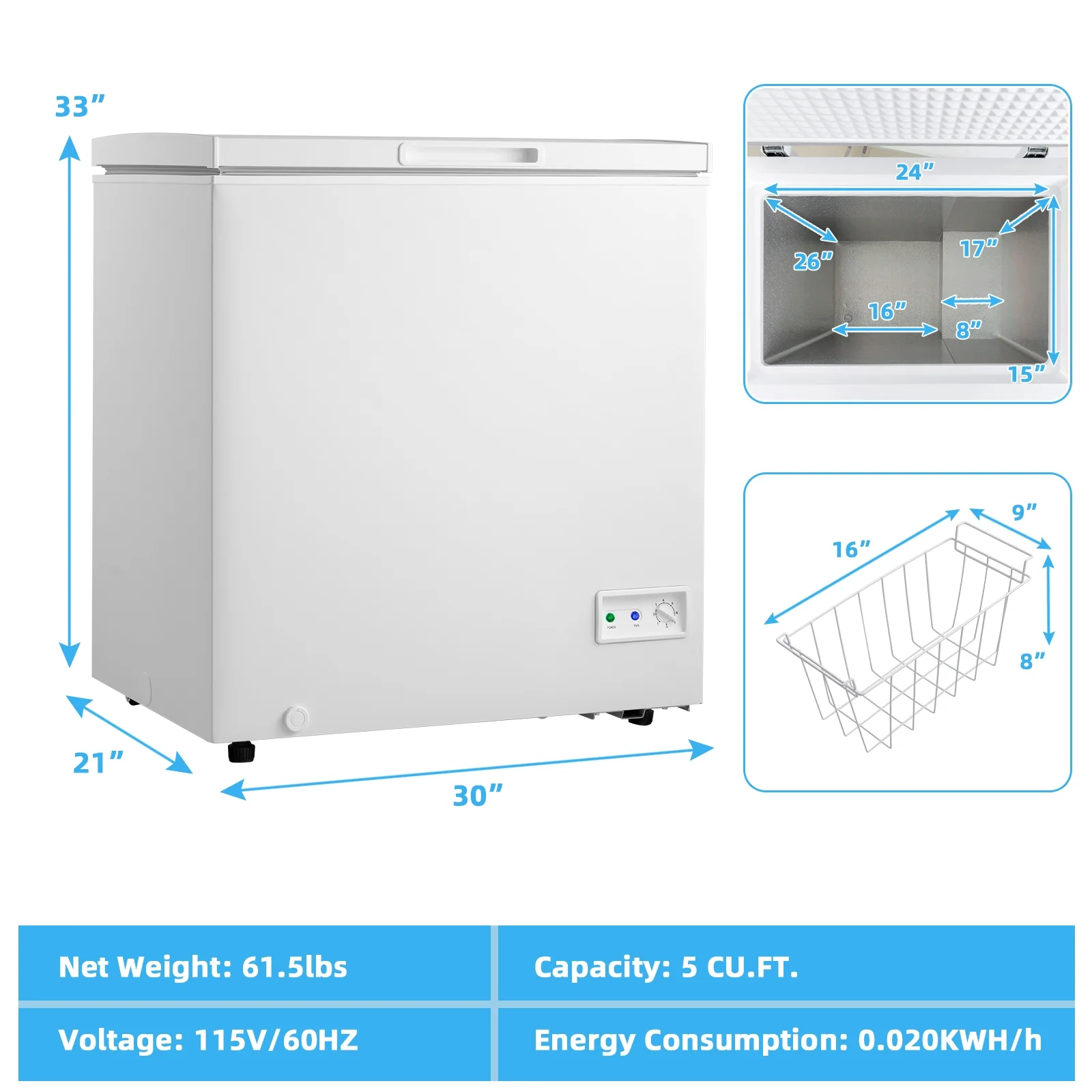 5 Cu Ft Chest Freezer, Freestanding Flip Top Chest Freezer w/ 7 Temperature Settings, Removable Sliding Basket Included, Compact Deep Chest Freezer - Image 3