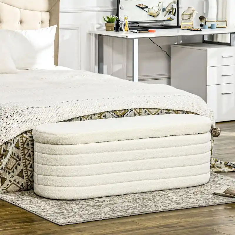 HOMCOM 46-Inch Teddy Fleece Upholstered Storage Ottoman Bench with Wood Frame – Stylish Boucle Storage Solution for Bedroom and Living Room