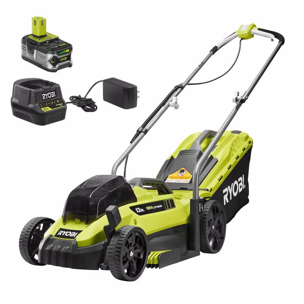 Ryobi P1140-S 13 in. One+ 18-Volt Lithium-Ion Cordless Battery Walk Behind Push Lawn Mower - 4.0 Ah Battery/Charger Included