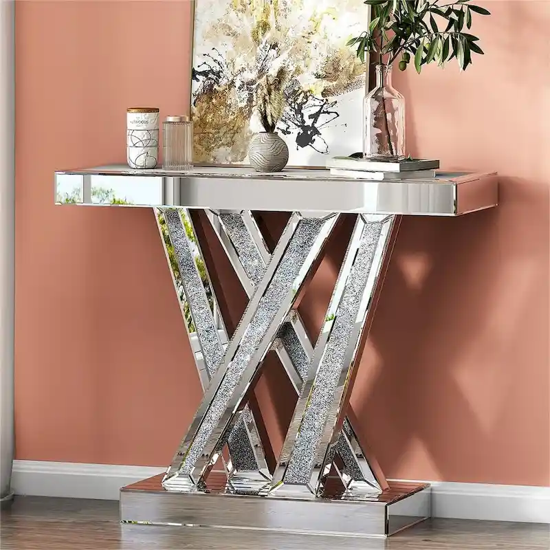 Contemporary Silver Console Table with Crushed Diamond Inlay for Entryway