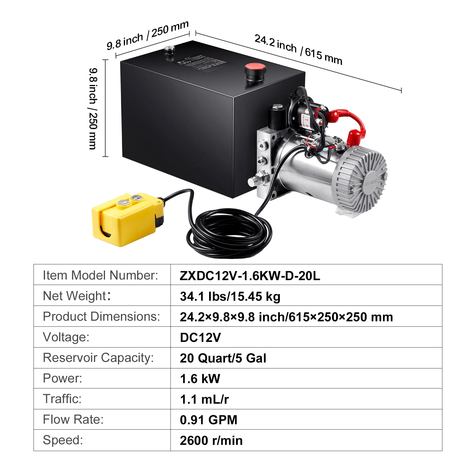Hydraulic Pump, 20 Qt Power Unit, Single Acting for Dump Trailers, 0.91 GPM, 3200 PSI, 12V DC for Car Lifts - Image 9