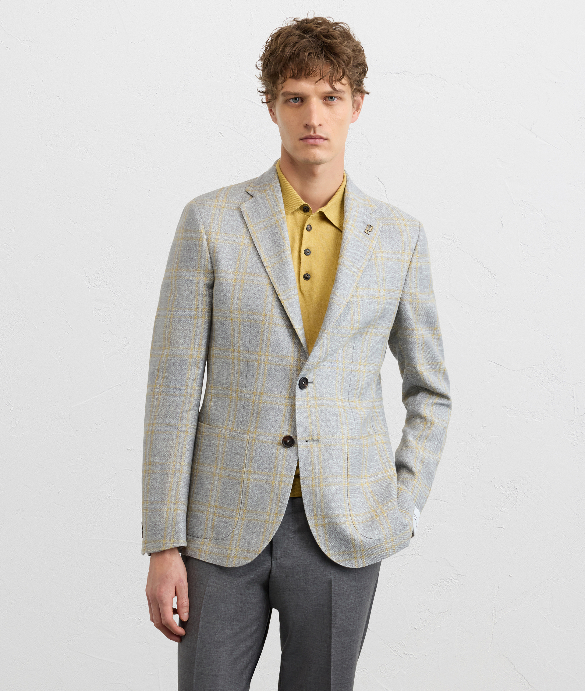 LIGHT GREY CHECKED COTTON AND LINEN BRERA LINE UNLINED JACKET
