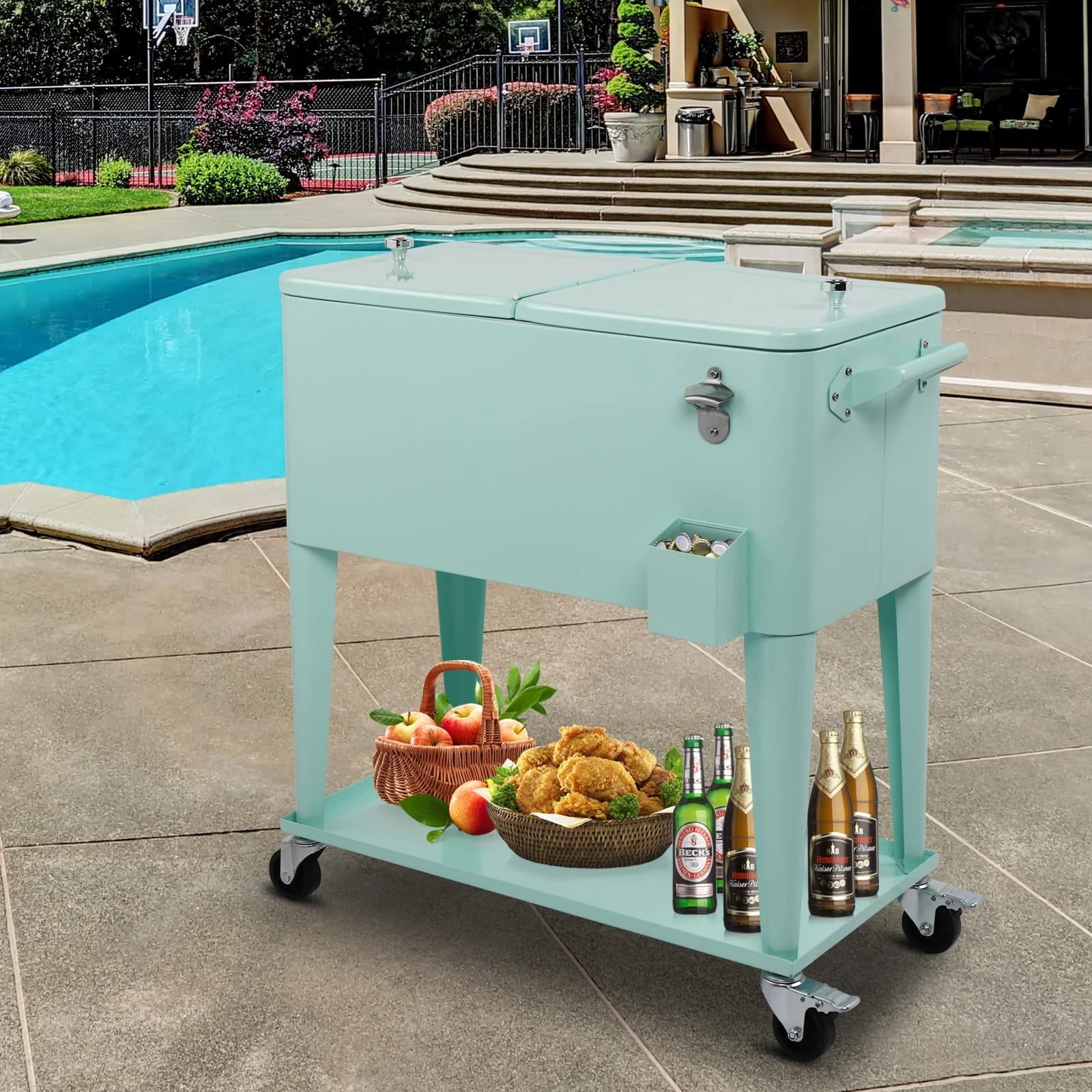 Rolling Cooler 80QT Frozen Warm Function with Shelf Green