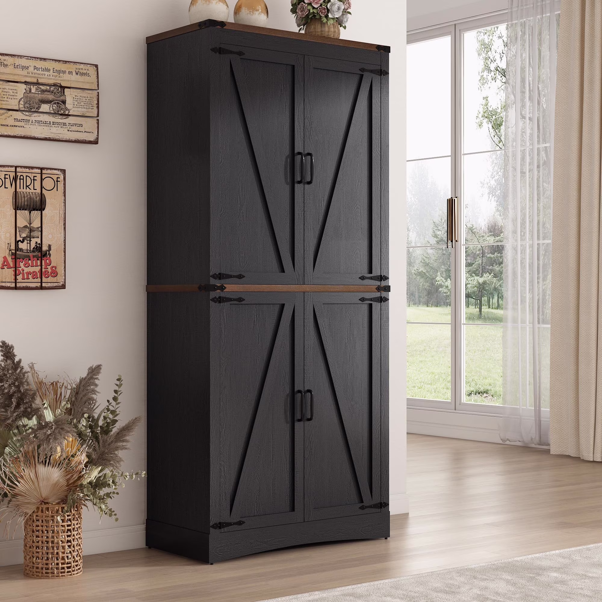 71" Tall Farmhouse Kitchen Pantry Cabinet, 5 Layers Storage Cabinet with Adjustable Shelves, Farmhouse Pantry Cabinet with 4 Barn Doors for Kitchen, Dining Room, Bathroom, Living Room, Rustic White(White-4 Barn Doors) - Image 9