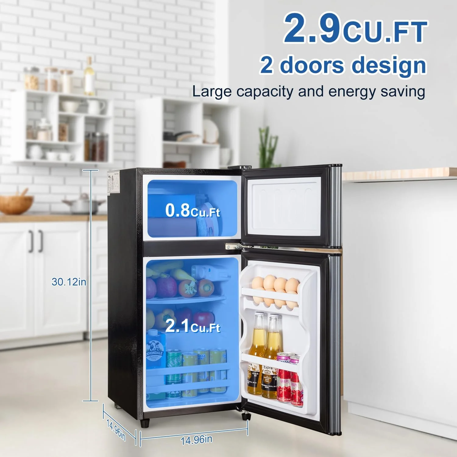 Mini Fridge with Freezer, 2.5 Cu.ft Small Fridge, Low Noise,7 Adjustable Thermostat, Double Door Small Refrigerator for Dorm, Bedroom, Office, Blue - Image 2