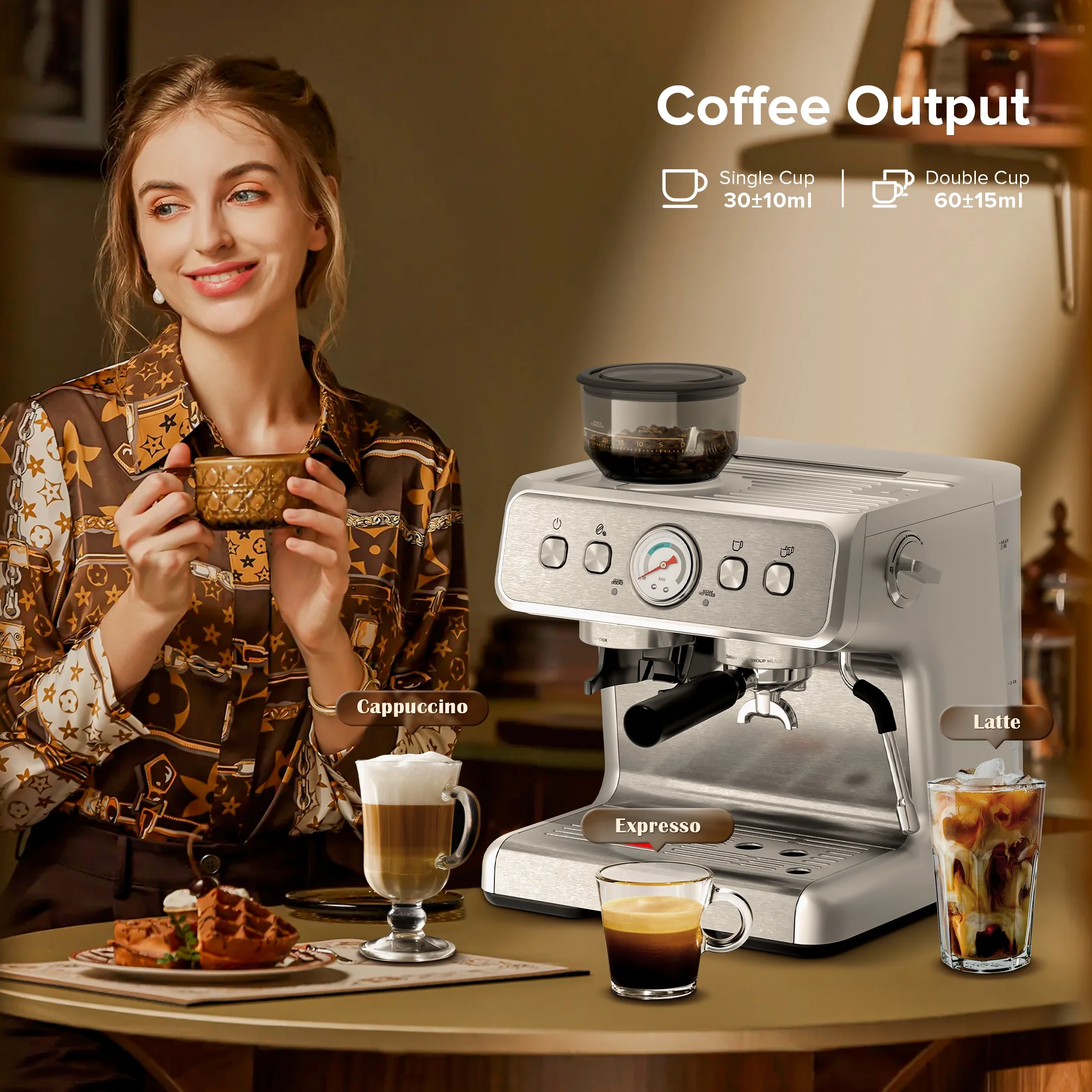 20 Bar Automatic Espresso Coffee Maker with Grinder and Milk Frother Steam Wand, Drip Hot Coffee, 12 Cups, Espresso/Cappuccino/Latte/Mocha for Home, Stainless Steel - Image 6