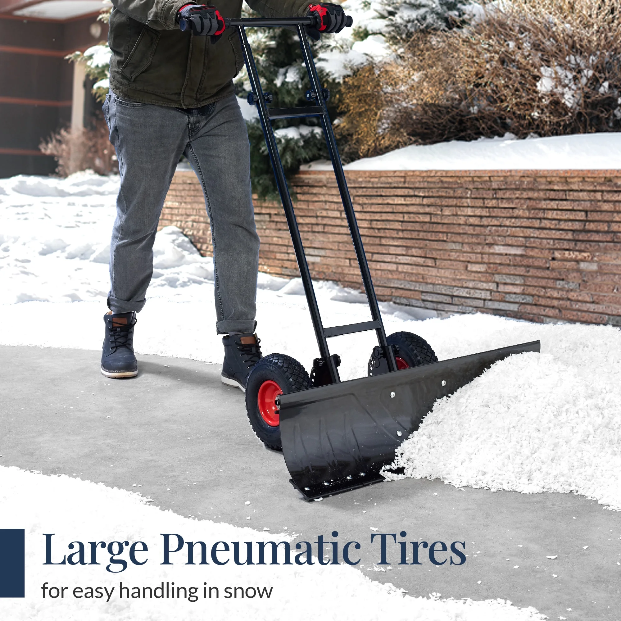 36in Galvanized Blade Hand Snow Pusher w/ 2 Wheels, Adjustable Handle, Blade Angle Black(Black) - Image 4