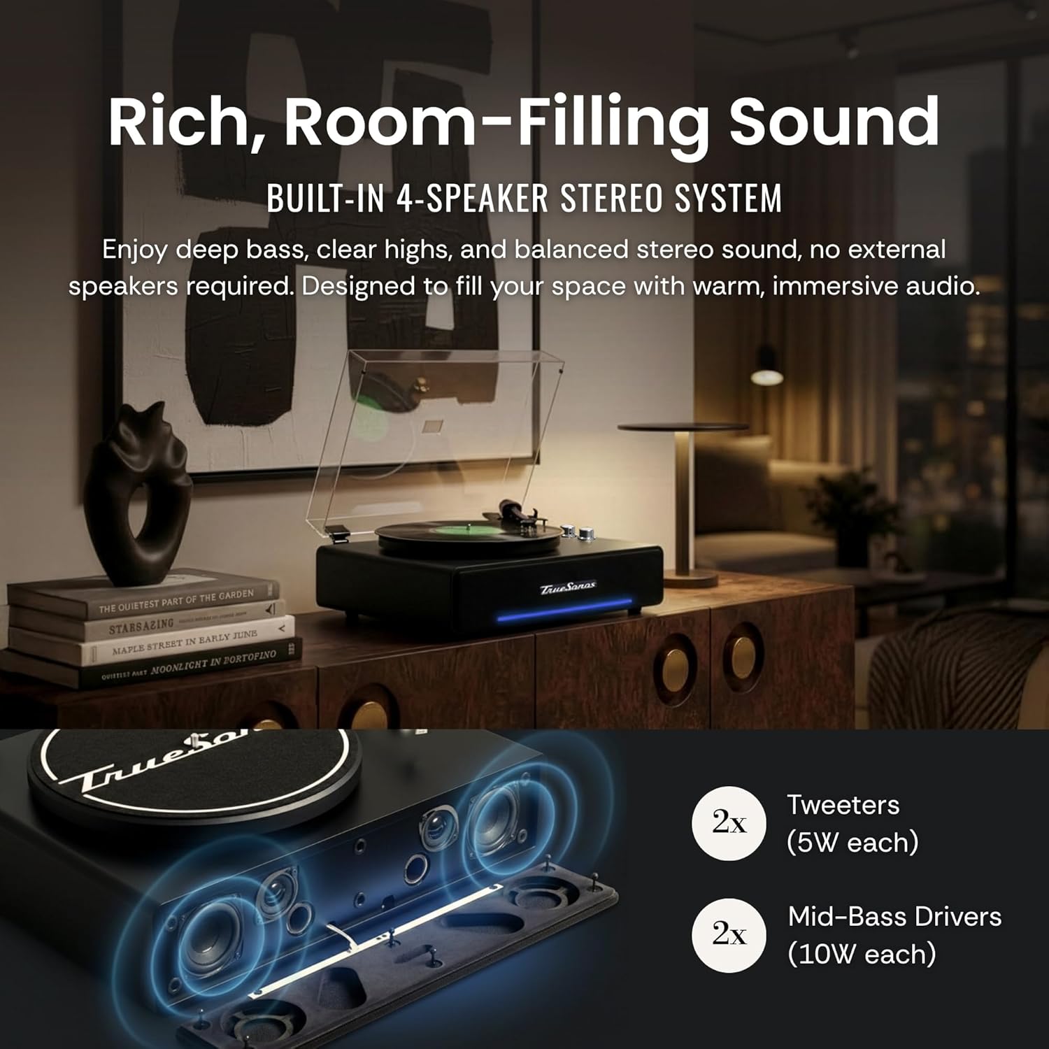 Hi-Fi Record Player with Speakers | Premium Vinyl Turntable with Bluetooth Capability | Built-in 4-Speaker Stereo System for Music Fans  Black Veneer + Silver Trim