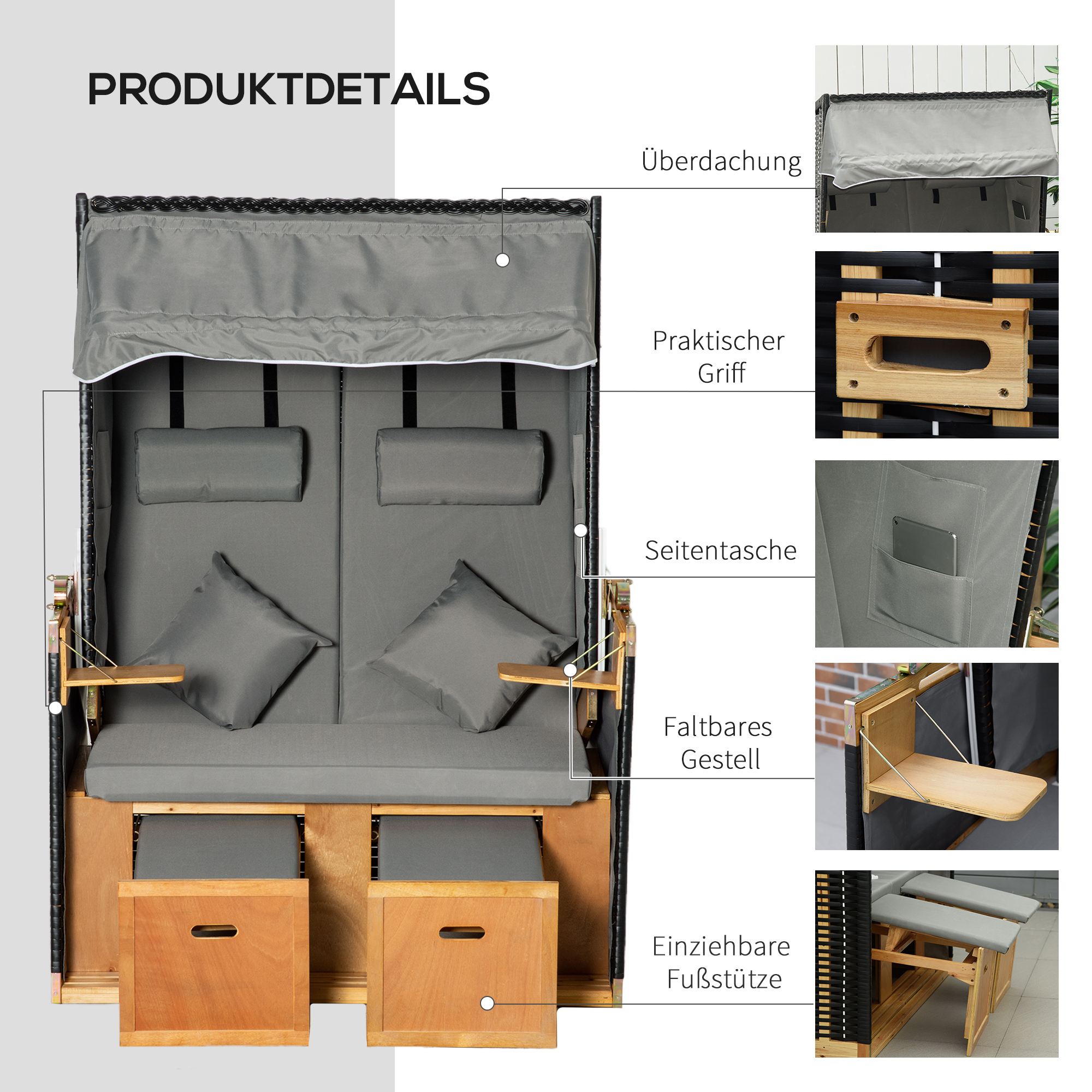 Outsunny strandstoel met dak rotan look klaptafel lichtgrijs 118 x 79 x 150 cm
