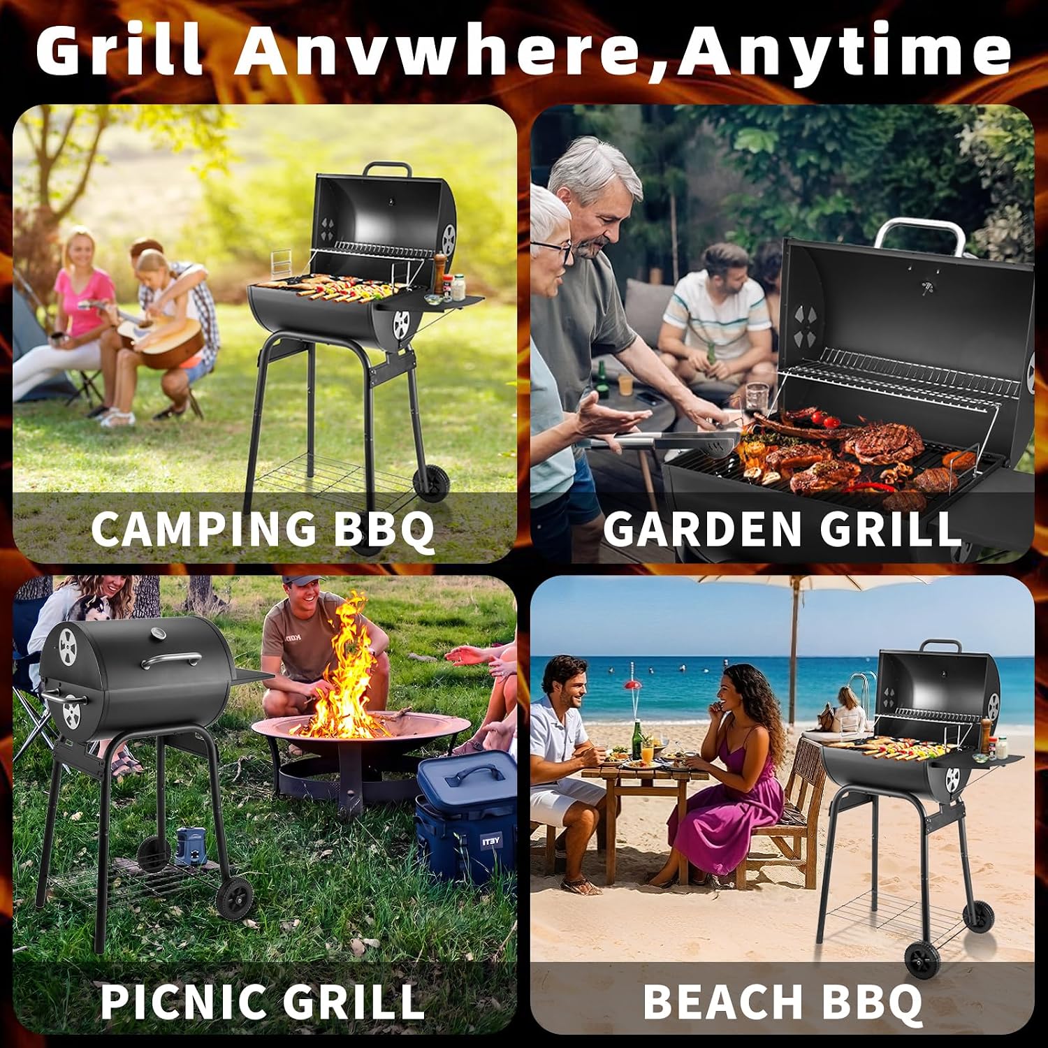 Kendane Barrel Charcoal Grill, Large Charcoal Grills with Side Shelf