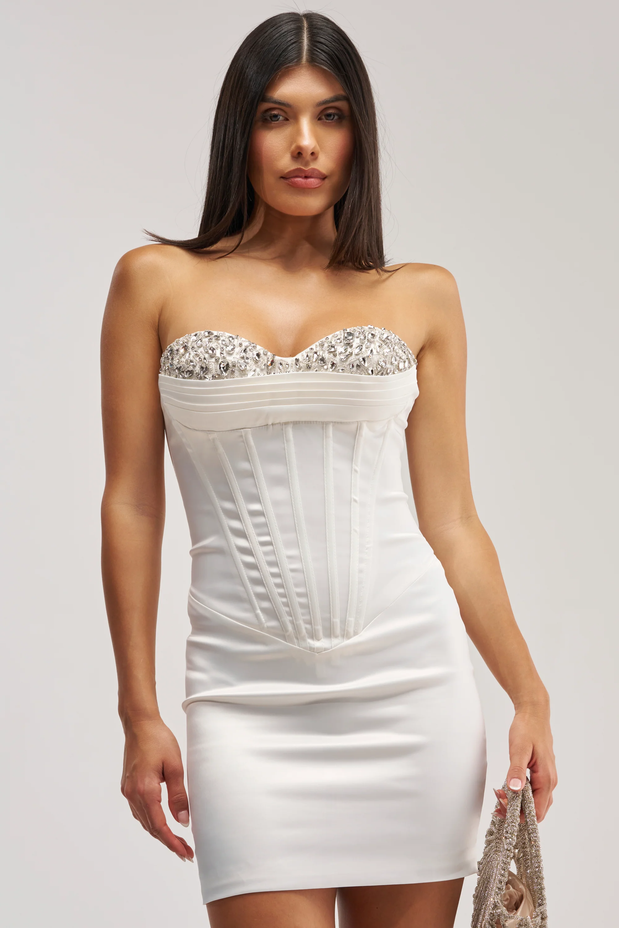CRUSH HOUR EMBELLISHED SATIN MINI IN WHITE - Akira Store
