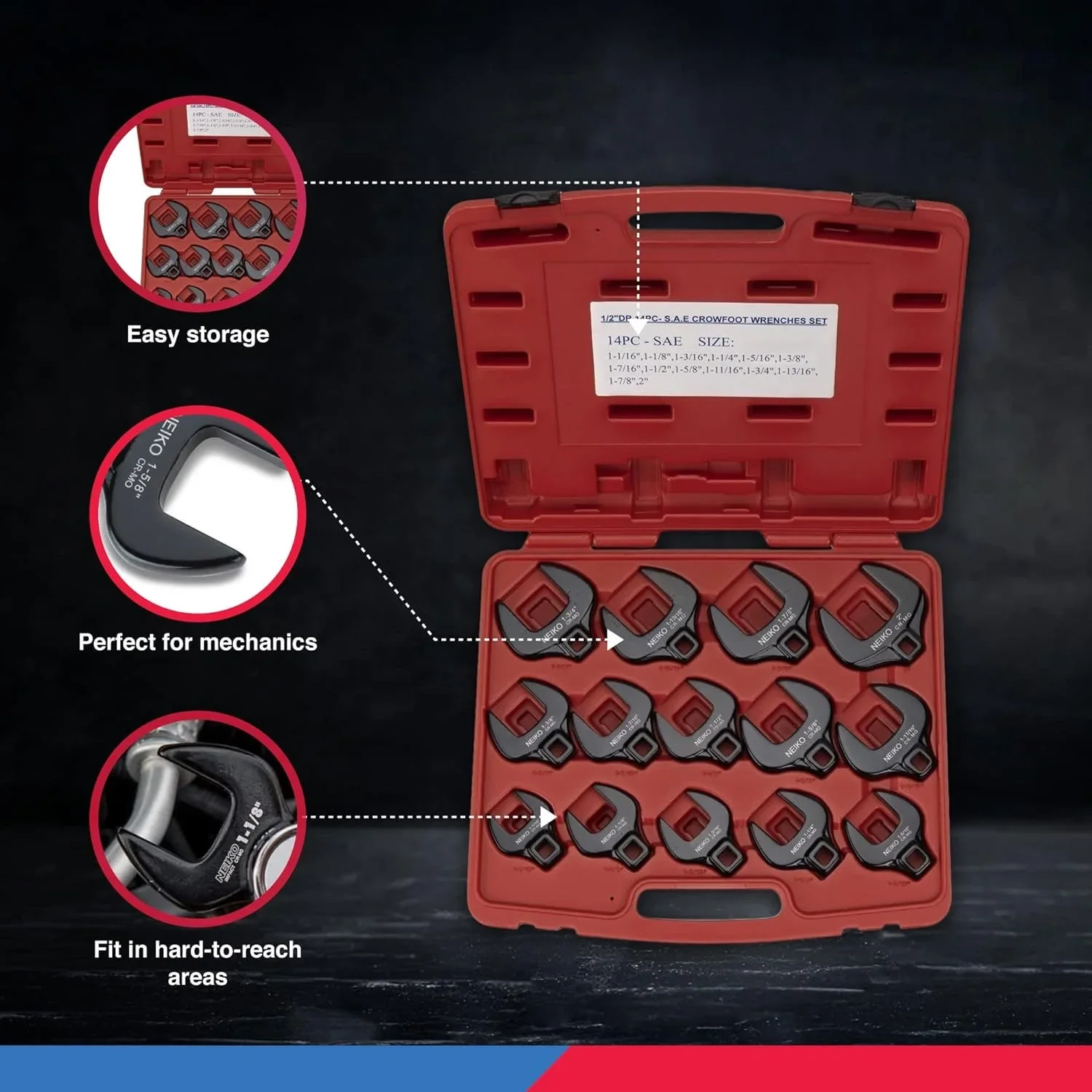 Neiko 03326A 1/2�� Drive Jumbo Crowfoot Wrench Set | 14 Piece | Metric | 27 to 50 mm | Cr-Mo Steel