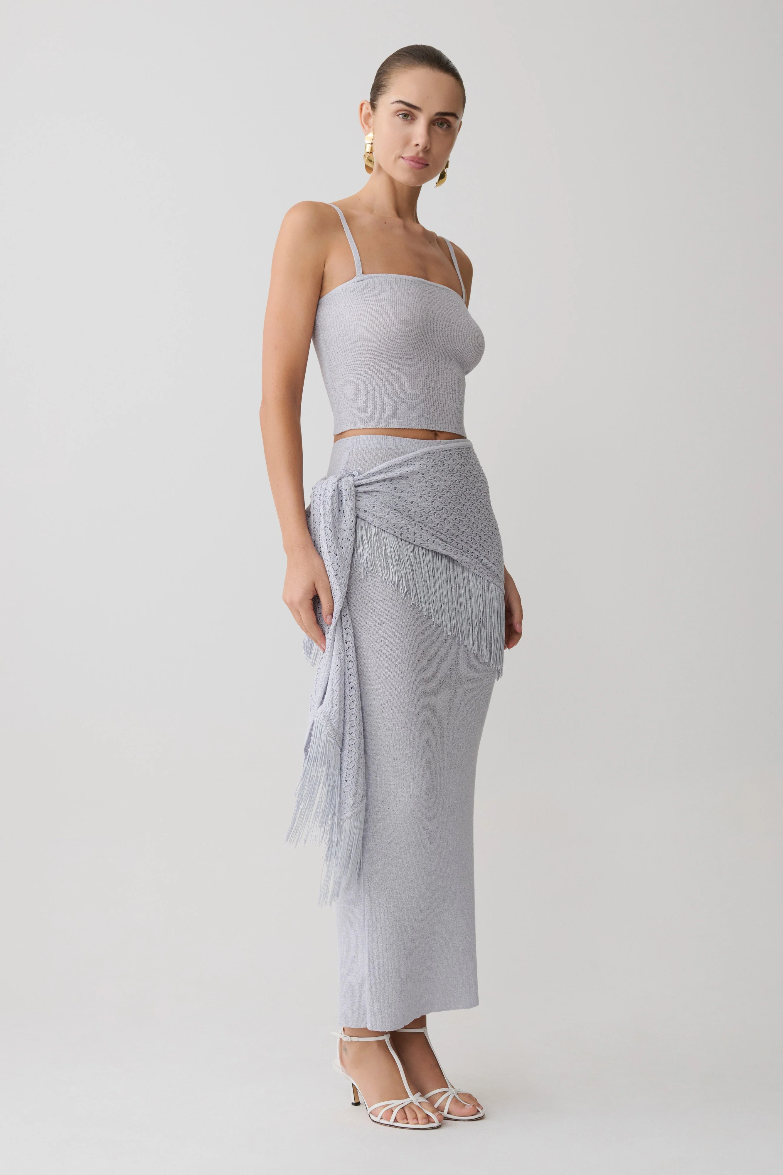 Jaytee Knit Maxi Skirt With Fringe Tie - Sky Blue