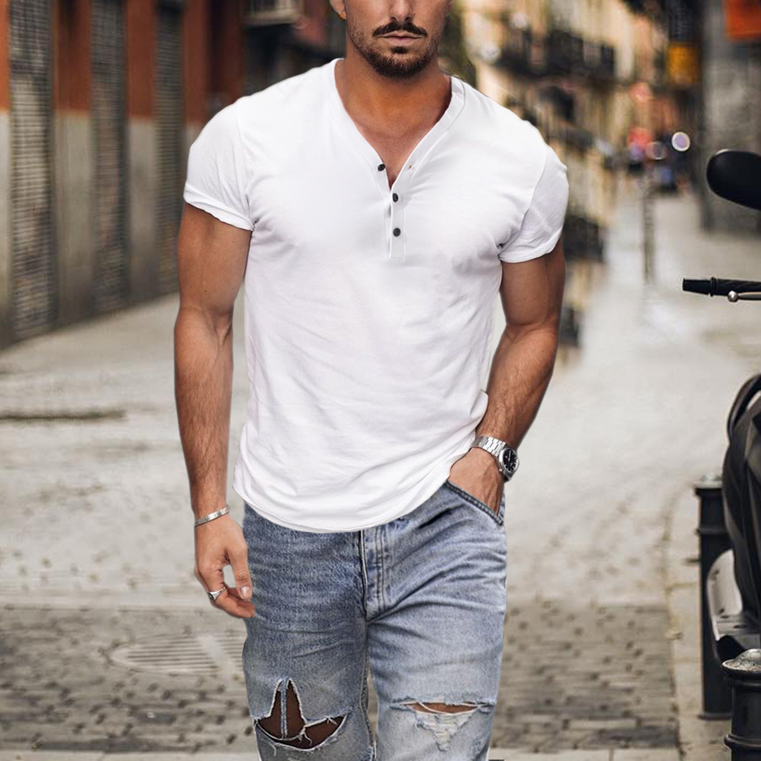 T-shirt Henley décontracté et respirant de couleur unie