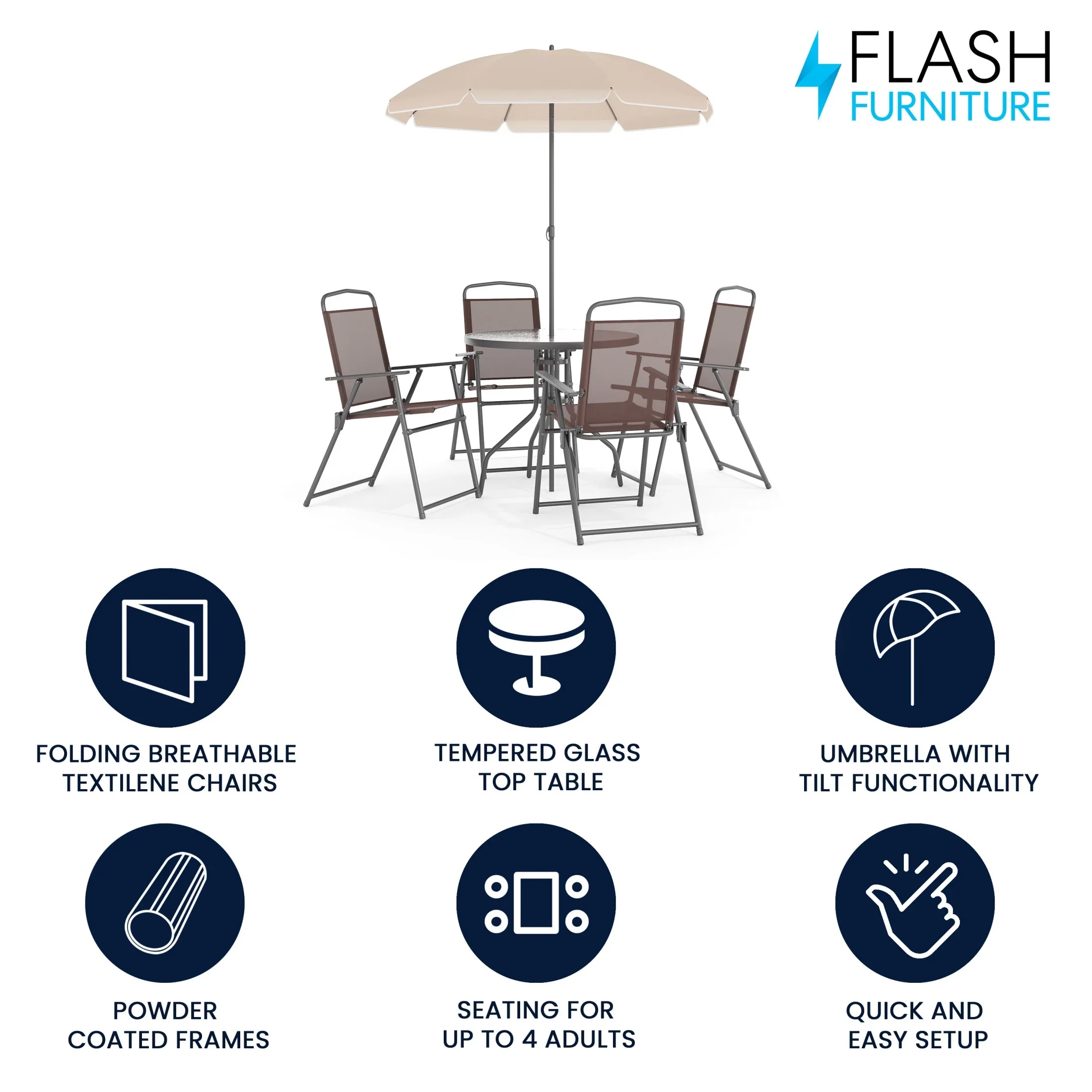 Flash Furniture Nantucket 6 Piece Black Patio Garden Set with Umbrella Table and Set of 4 Folding Chairs