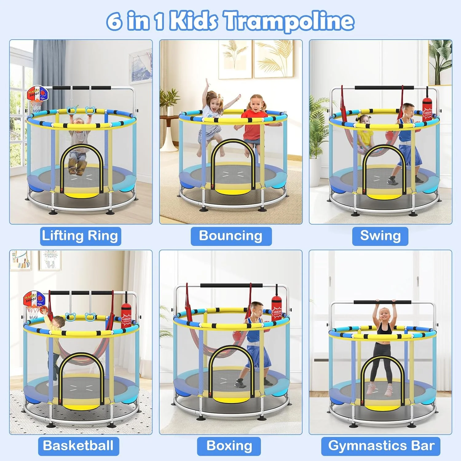 55" Trampoline for Kids Enclosure Net Heavy Duty for Boys Girls Outdoor Indoor(Blue) Image 8