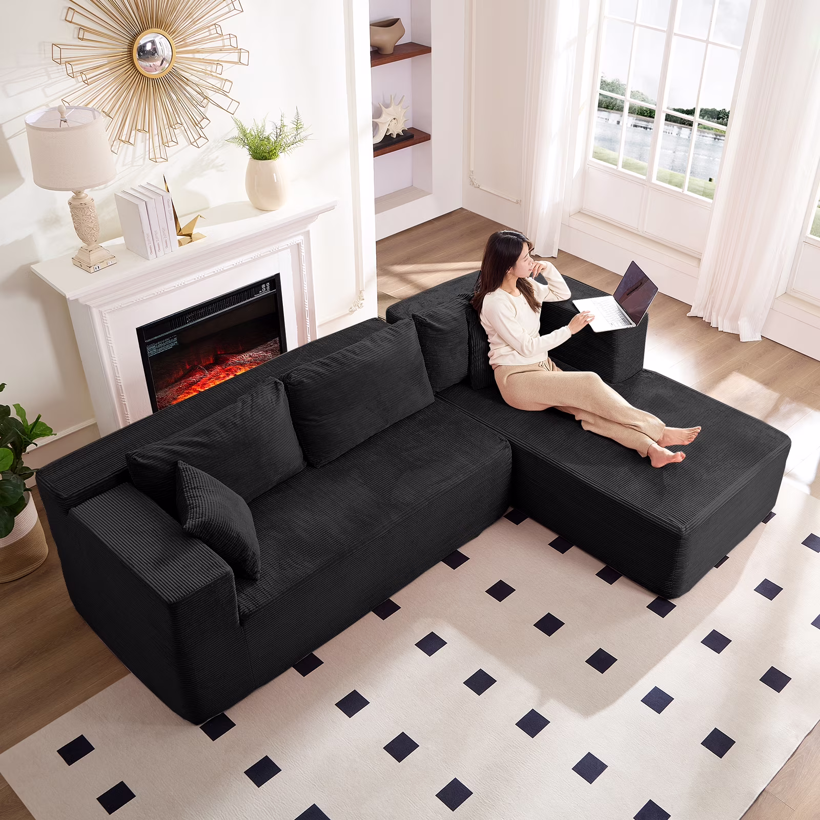 106" Cloud Sectional Couch with Chaise, No Assembly Required L Shaped Sleeper Sofa, Oversized Deep Seat Modular Couches and Sofas for Living Room Right, Black(Right Chaise/Black)