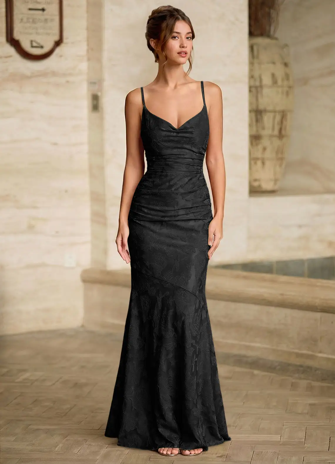 Leahenmo Black Textured Floral Jacquard Prom Dress