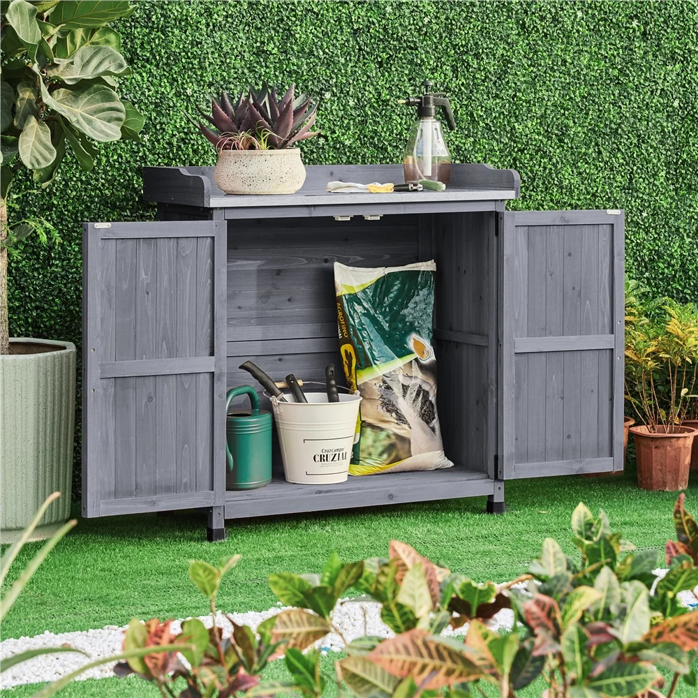 Renwick Garden Potting Bench Table with Cabinet, Brown