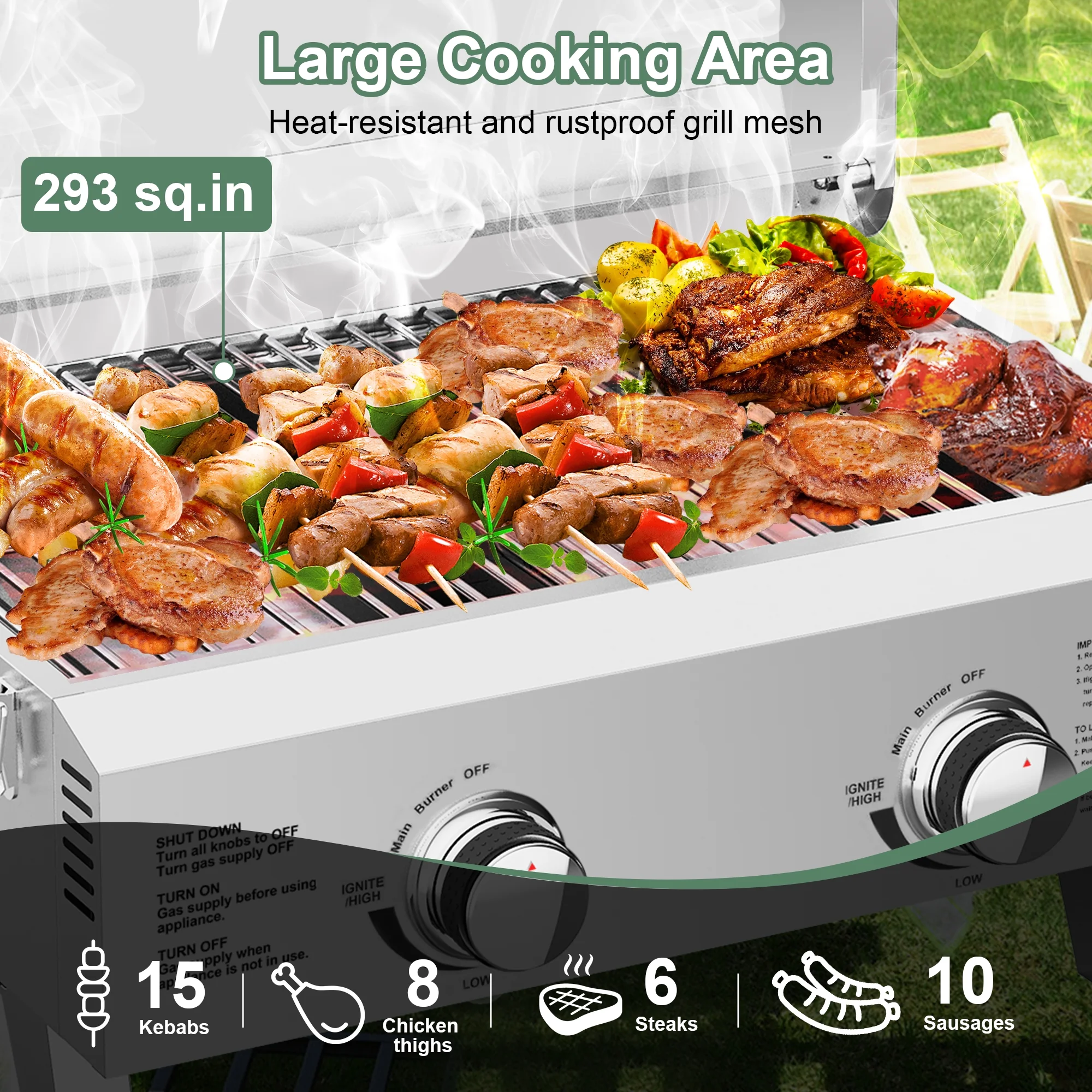 Propane Gas Grills, 30,000BTU Portable Gas Grill for Outdoor Camping BBQ Picnics Tailgating, 2 Burners, Stainless Steel Sliver(Sliver) - Image 3