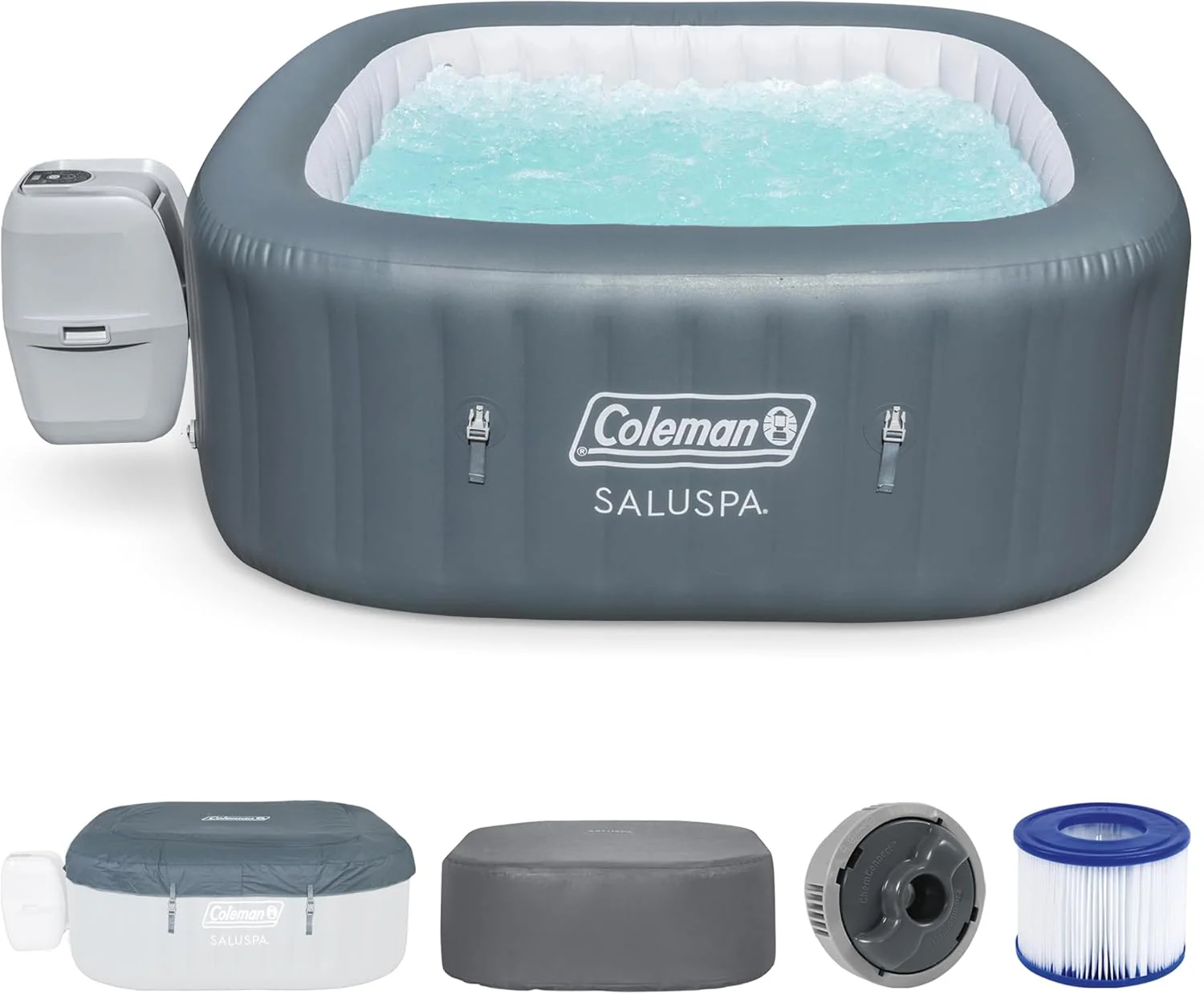 Spa gonflable carré portable d'extérieur Coleman SaluSpa Atlantis AirJet pour 4 à 6 personnes, avec 140 jets apaisants et couverture, bleu