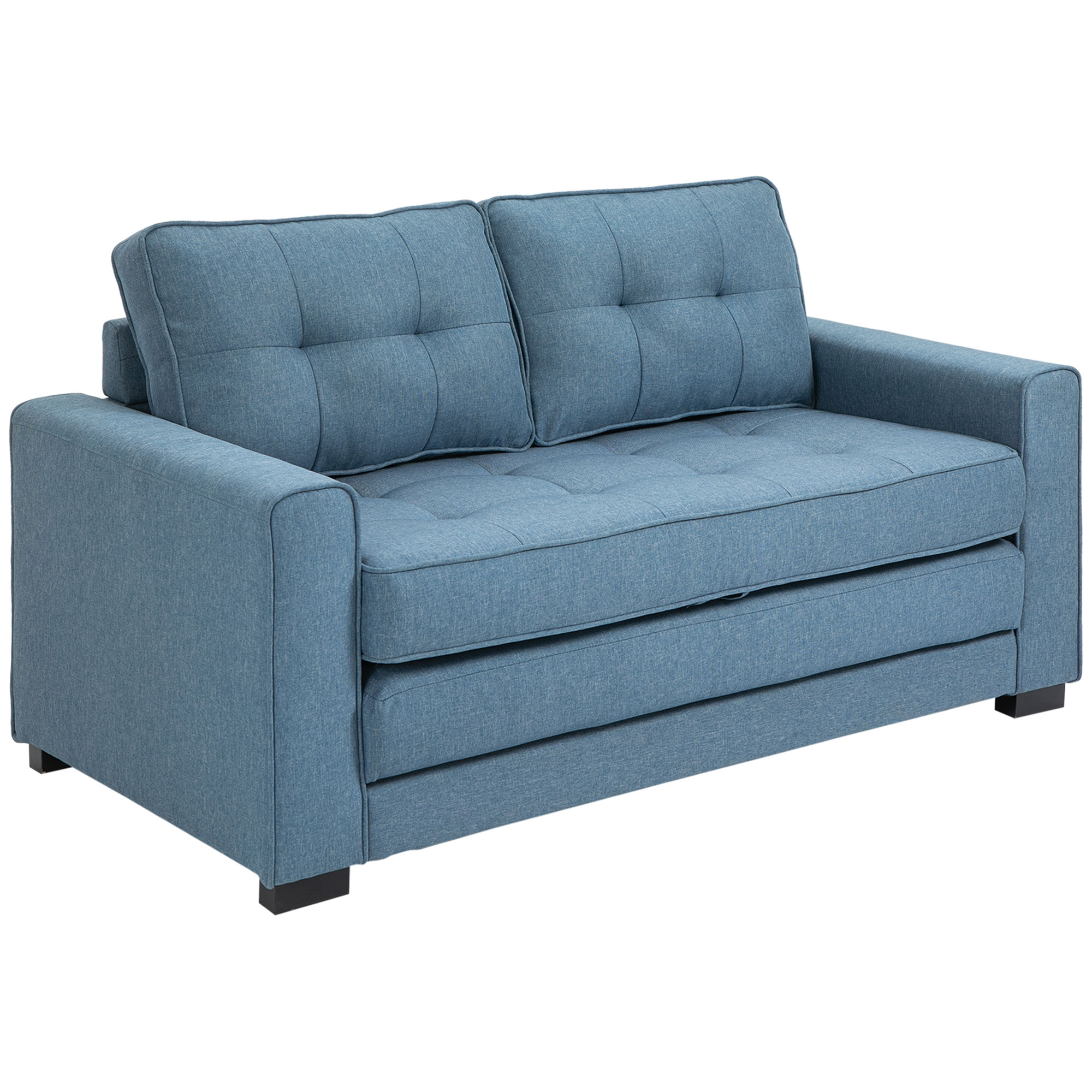 HOMCOM slaapbank, opklapbare sofa 2-zits, stoffen slaapbank, sofa met slaapfunctie, linnen touch, rubber hout, blauw, 147.5 x 75 x 85 cm