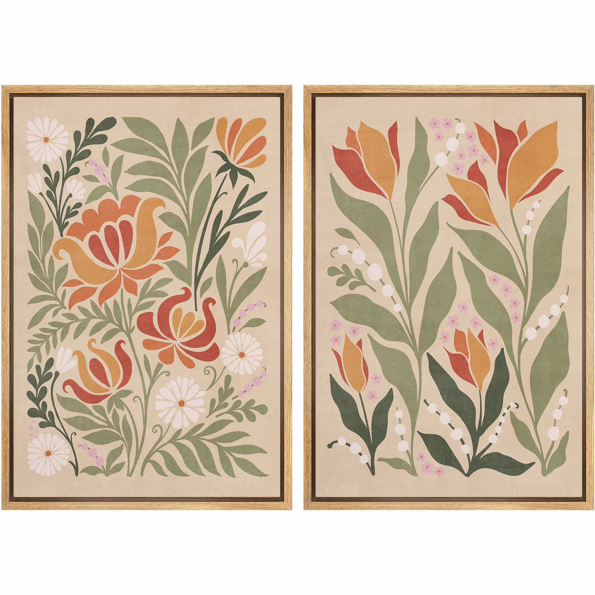 IDEA4WALL Framed Canvas Print Wall Art Set Vintage Floral Classic Botanical Illustration Abstract Garden Flowers Boho Art Modern Wall Decor Colorful Chic Artwork for Home Decor - Natural 24x36x2