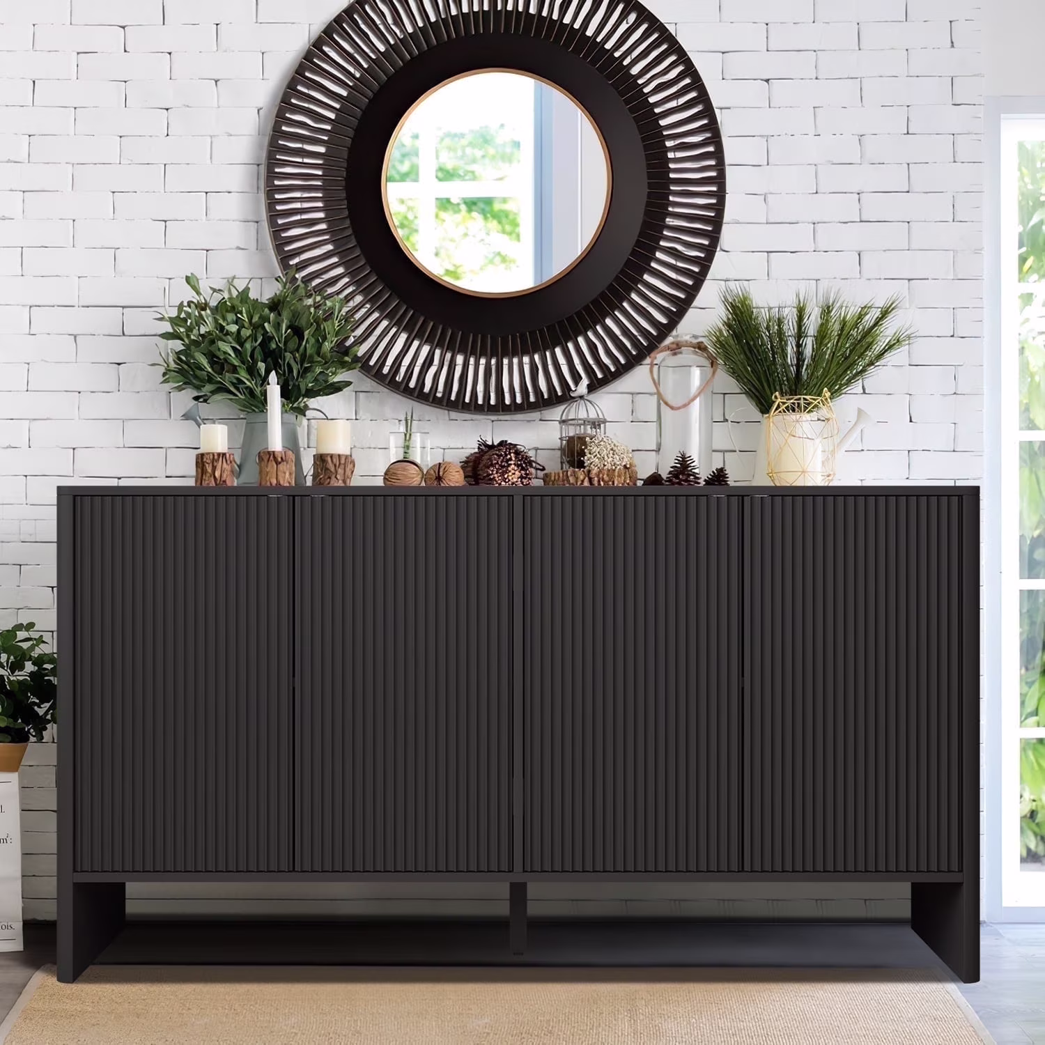 Sideboard Storage Cabinet with Doors and Shelves, Buffet Cabinet with Storage, Credenza Storage Cabinet for Kitchen, Wooden Fluted Cabinet, Under TV Cabinet with Storage Black(Black)