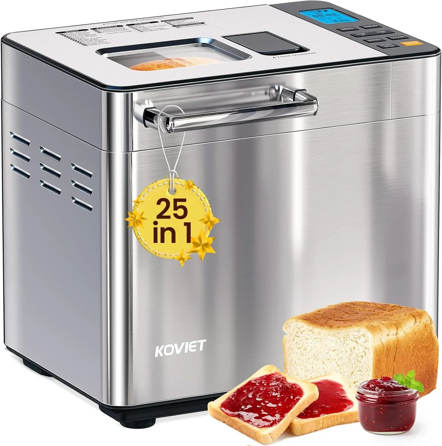 Machine à pain 25 en 1 avec double distributeur automatique, capacité 900 g, en acier inoxydable.