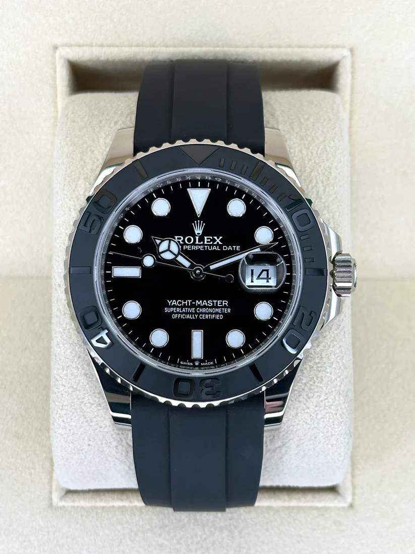 [Super Clone]RLX White Gold Yacht-Master 42mm Watch - Black Dial - Rubber Strap (Ref # 226659)