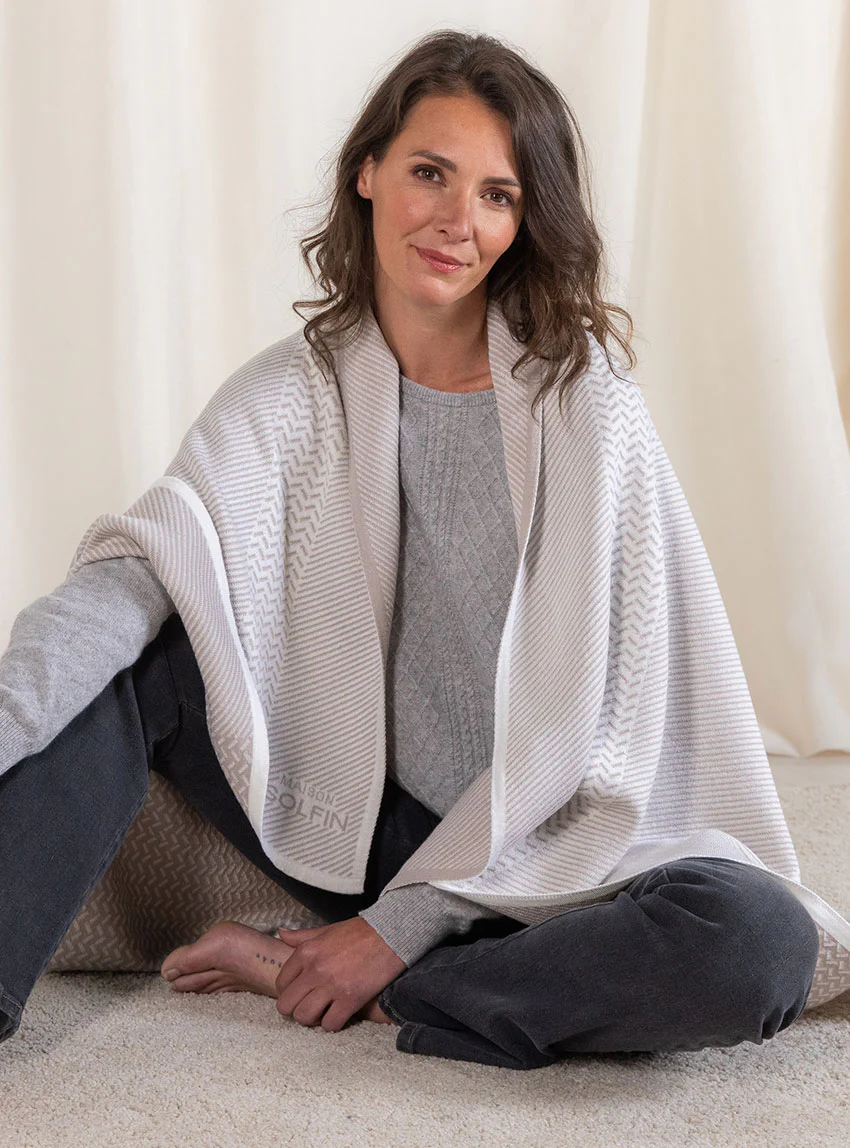 Plaid jacquard en laine mérinos beige