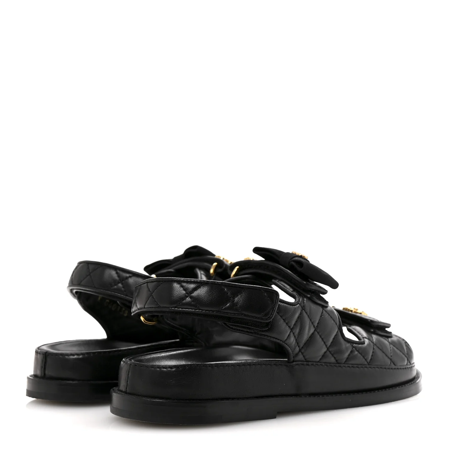Lambskin Velcro CC Pearl Bow Dad Sandals 38 Black