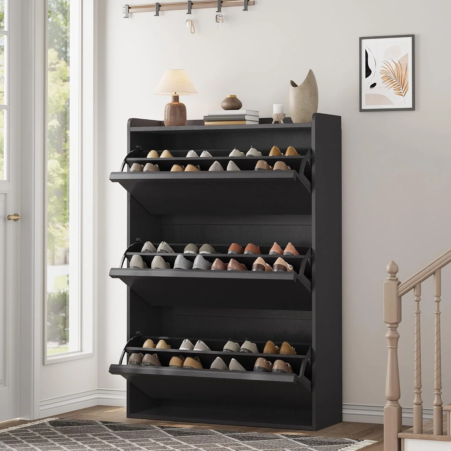 Meuble à chaussures GarveeHome avec 3 tiroirs rabattables, meuble de rangement en bois pour chaussures, rangement dissimulé