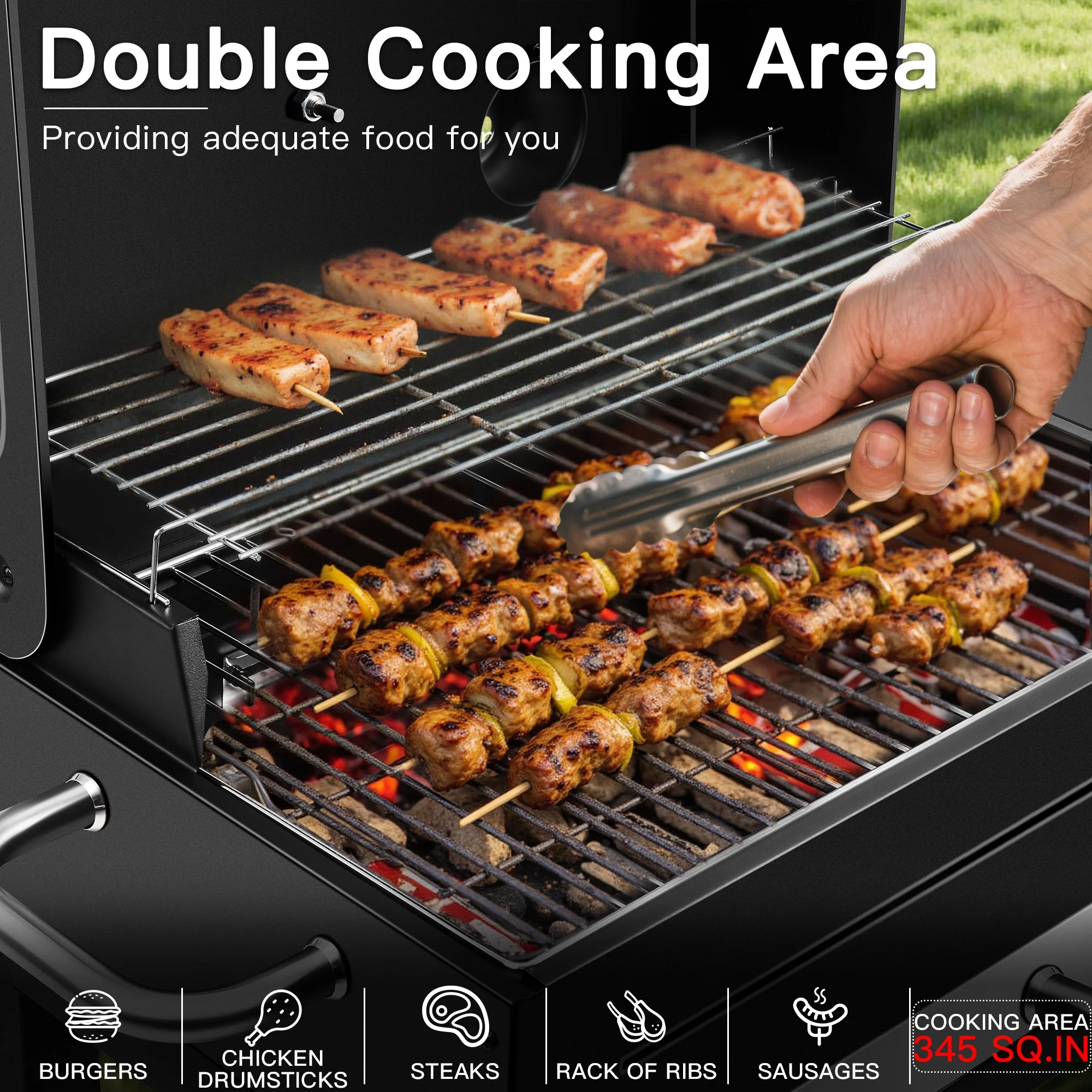 Portable Charcoal Smoker Grill Combo with Offset Firebox - Heavy Duty BBQ Grill with Warming Rack & Side Shelf for Outdoor Cooking, Camping & Tailgating