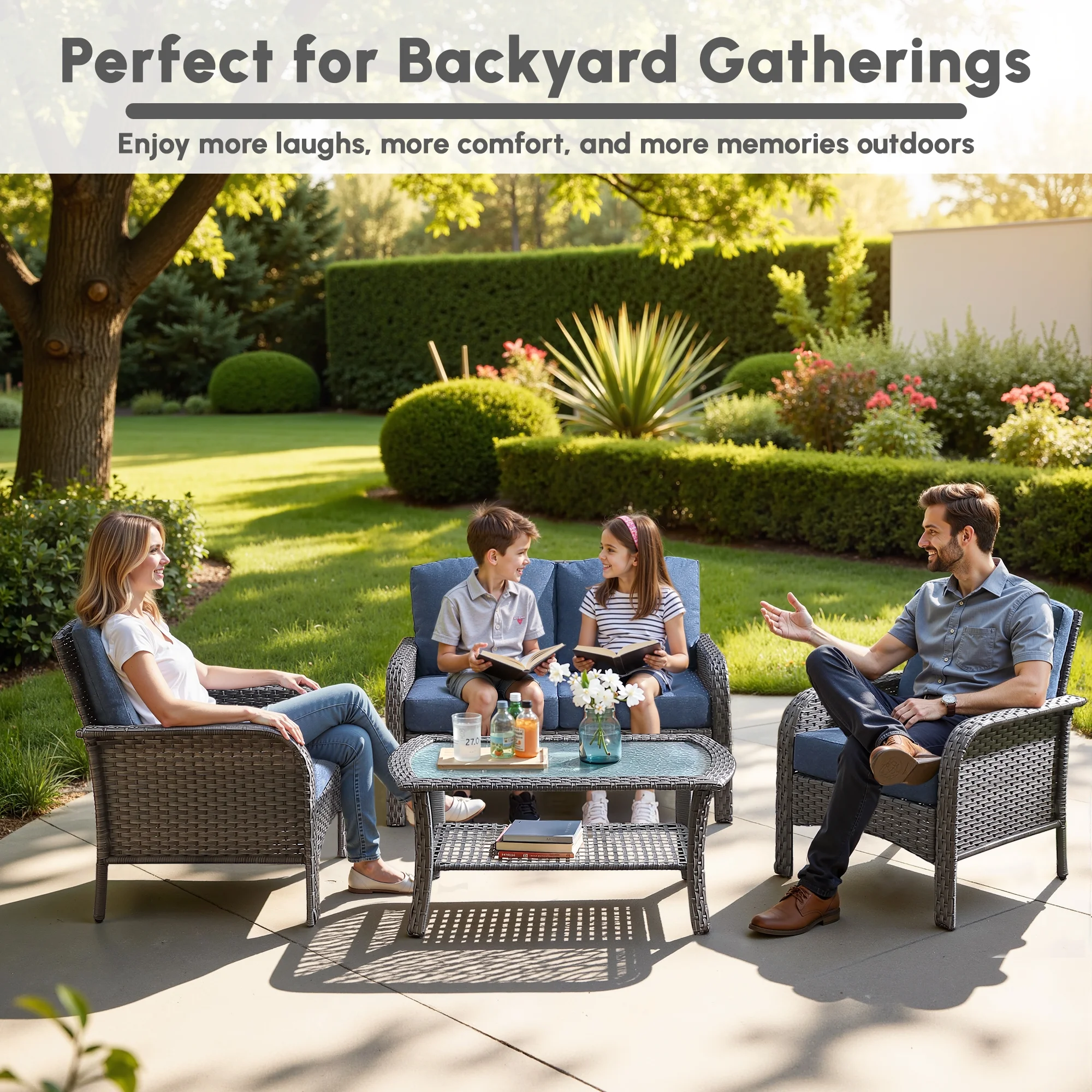 4 Pieces Wicker Outdoor Patio Furniture with Coffee Table High Back All Weather Rattan Outdoor Sectional Conversation Set for Backyard Porch Garden, Denim Blue(Denim Blue) - Image 4
