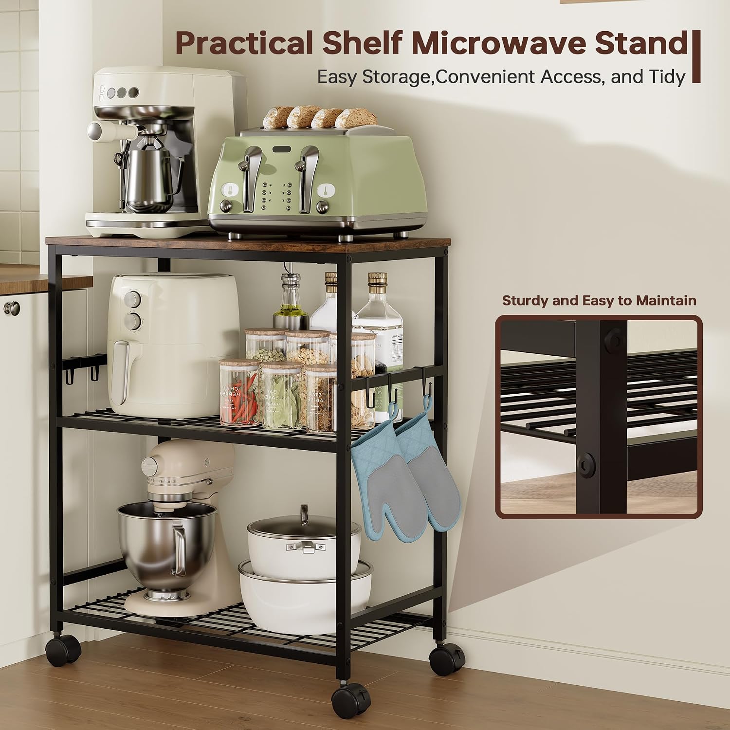 Kitchen Rolling Cart, 3-Tier Microwave Stand with Lockable Wheels, One-Piece Shelf, Kitchen Utility Storage Cart for Coffee Bar, Apartment, Dorm, Laundry Room, Office, 23.6