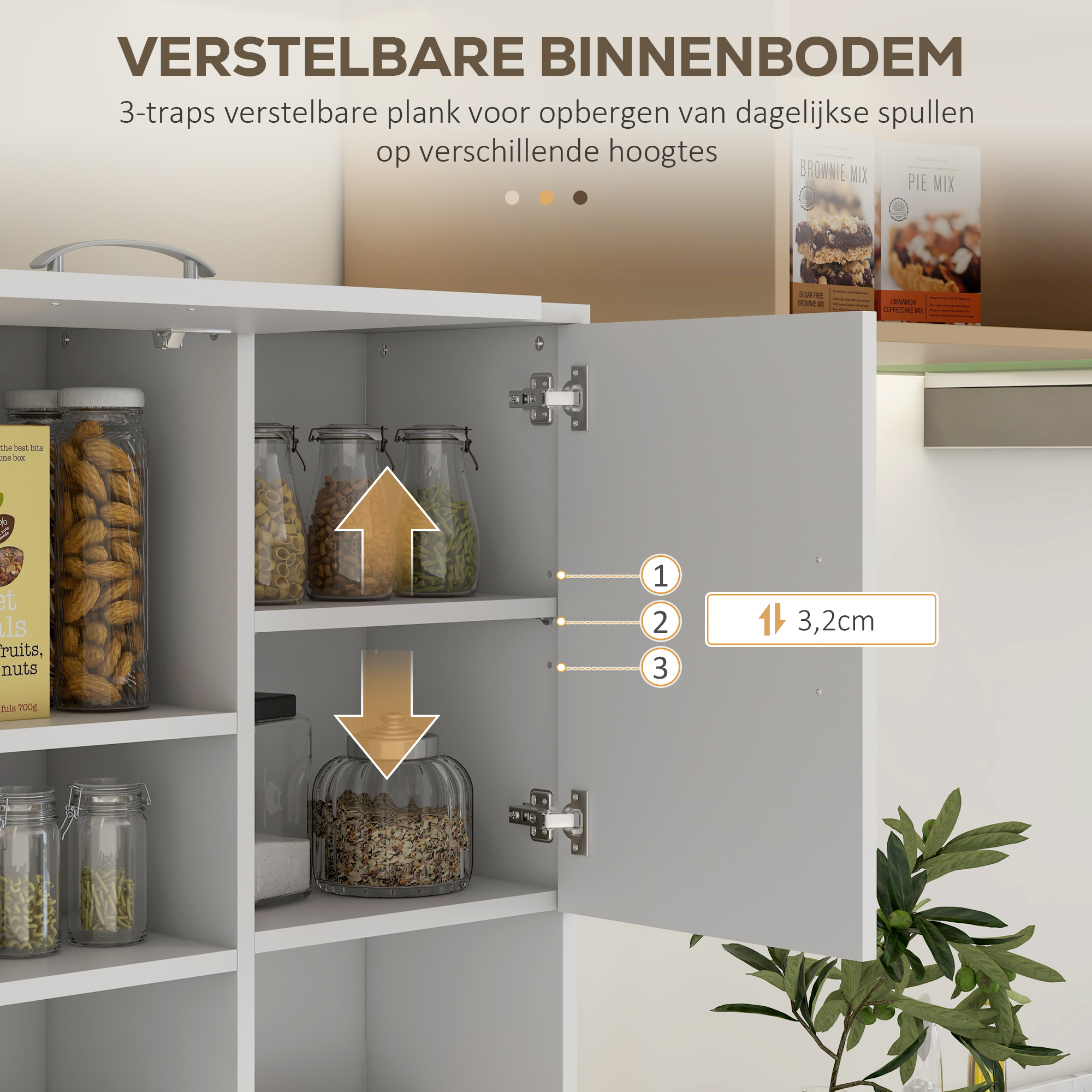 HOMCOM Keukenkast, Buffet, 3 Laden, 3 Planken, Veel Opbergruimte, 89x39,5x168cm, Wit