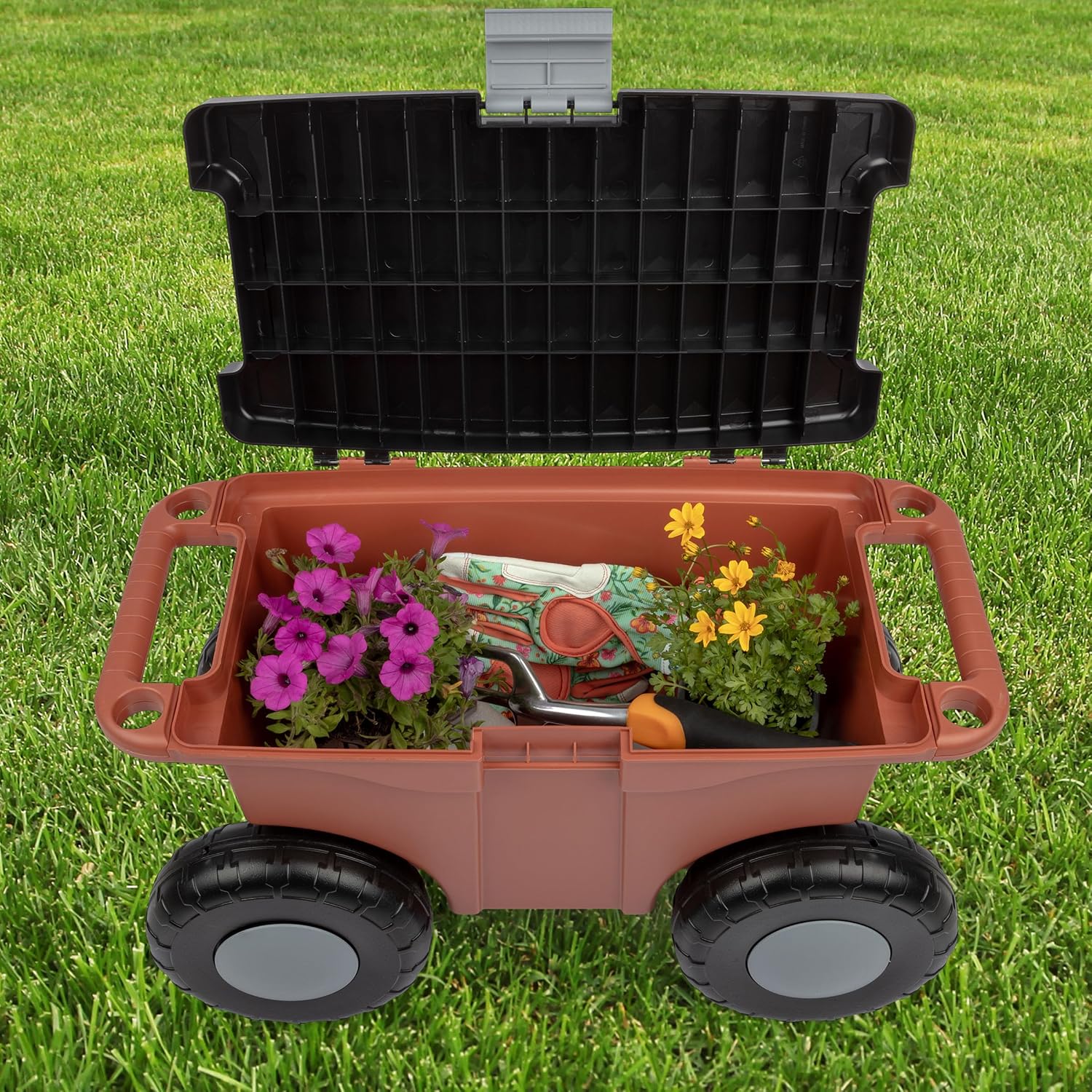 Pure Garden Rolling Garden Cart with Seat, Terracotta