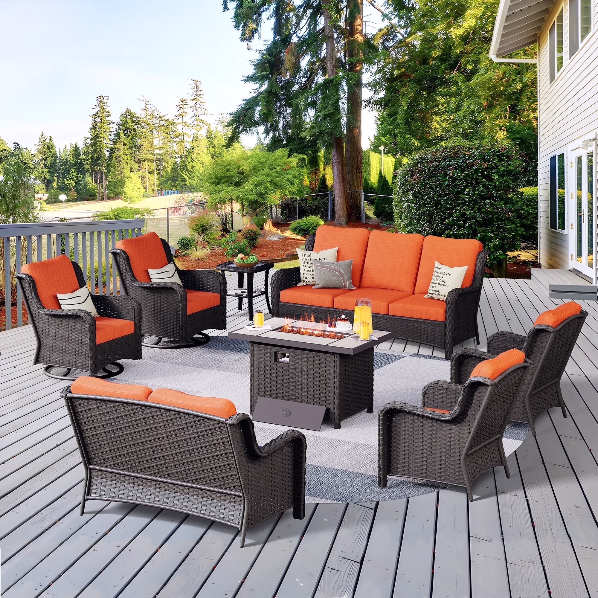 8 Pieces Outdoor Patio Furniture Sectional Sofa All-weather Conversation Set with Swivel Rocking Chairs and Fire Pit Table for Garden,Poolside,Gray(Gray/Gray) - Image 7