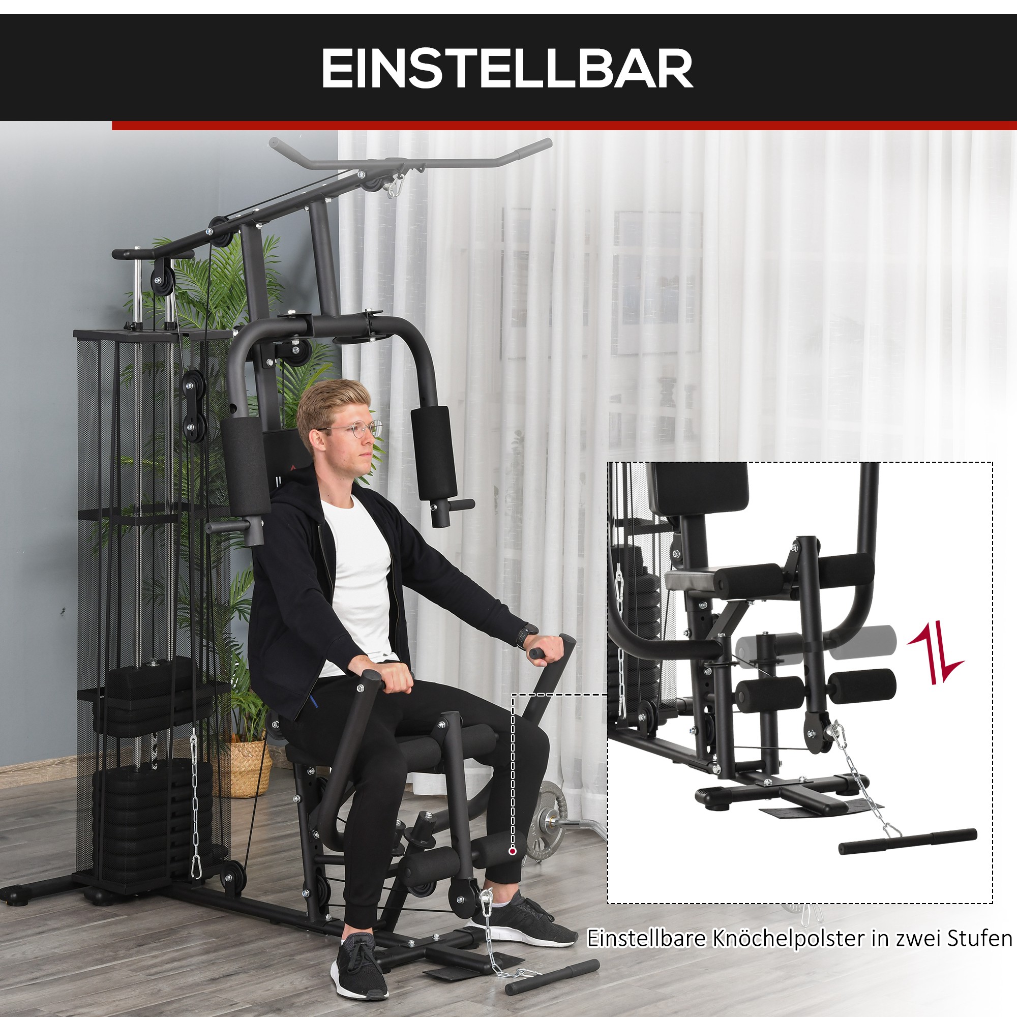 HOMCOM Gym Krachtstation Fitnessstation Multigym Fitnesscentrum Fitnessapparatuur incl. gewichten Latzug Beincurl Metaal PU-kunstleer zwart 150 x 110 x 210 cm
