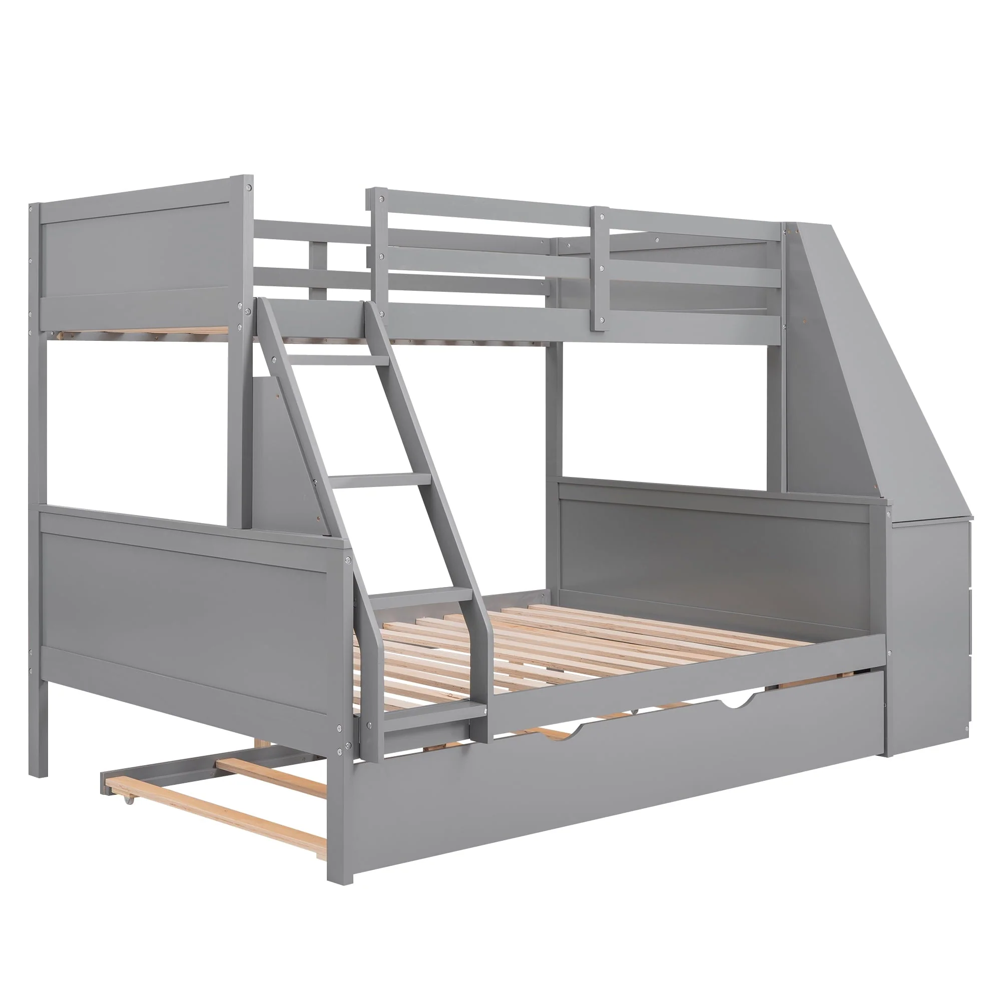 Twin over Full Bunk Bed with Trundle, Built-in Desk with Bookcase and 3 Drawers for Kids, Gray - Image 10