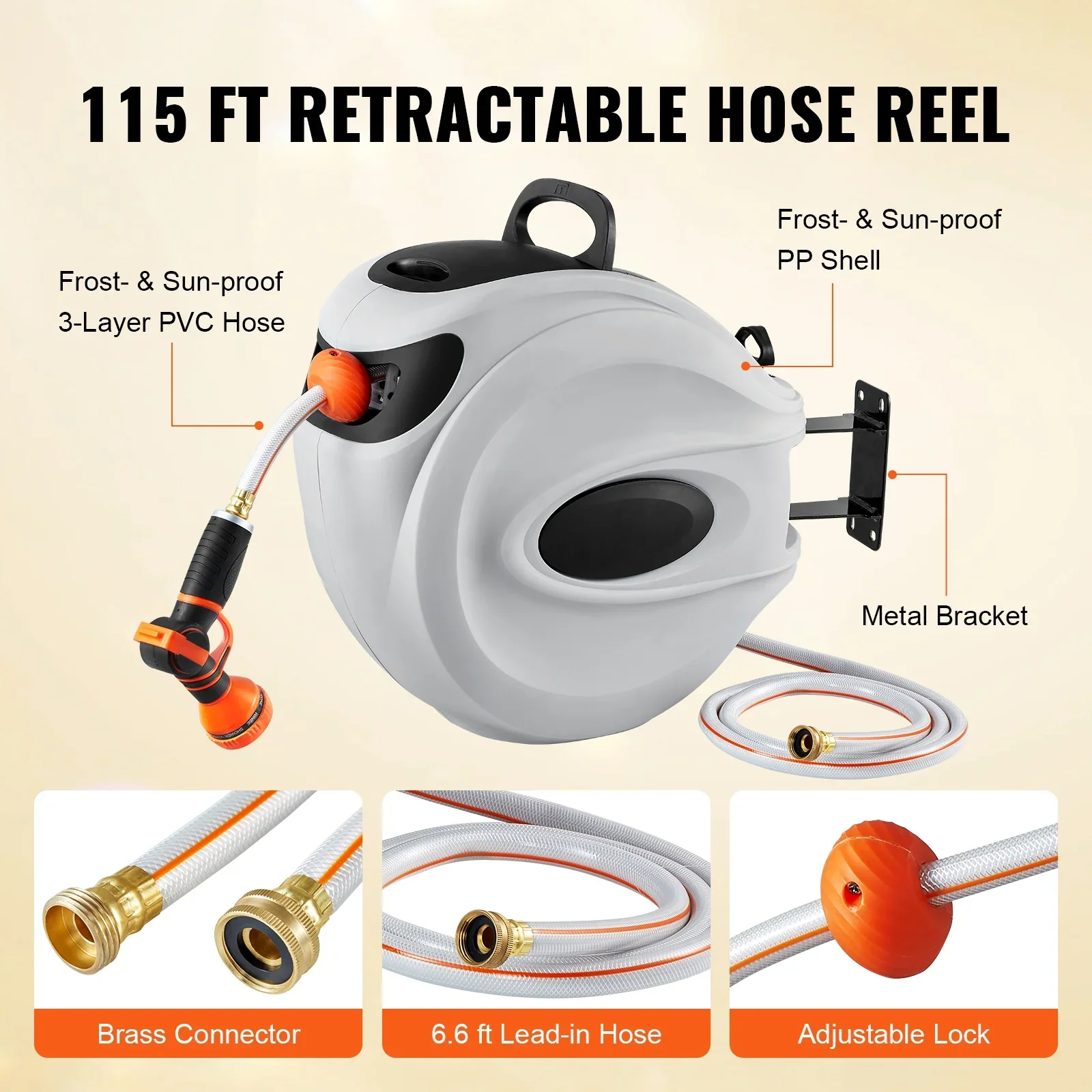 BENTISM Retractable Hose Reel, 115 ft x 1/2 inch, 180�� Swivel Bracket Wall-Mounted, Garden Water Hose Reel with 9-Pattern Nozzle, Automatic Rewind, Lock at Any Length, and Slow Return System