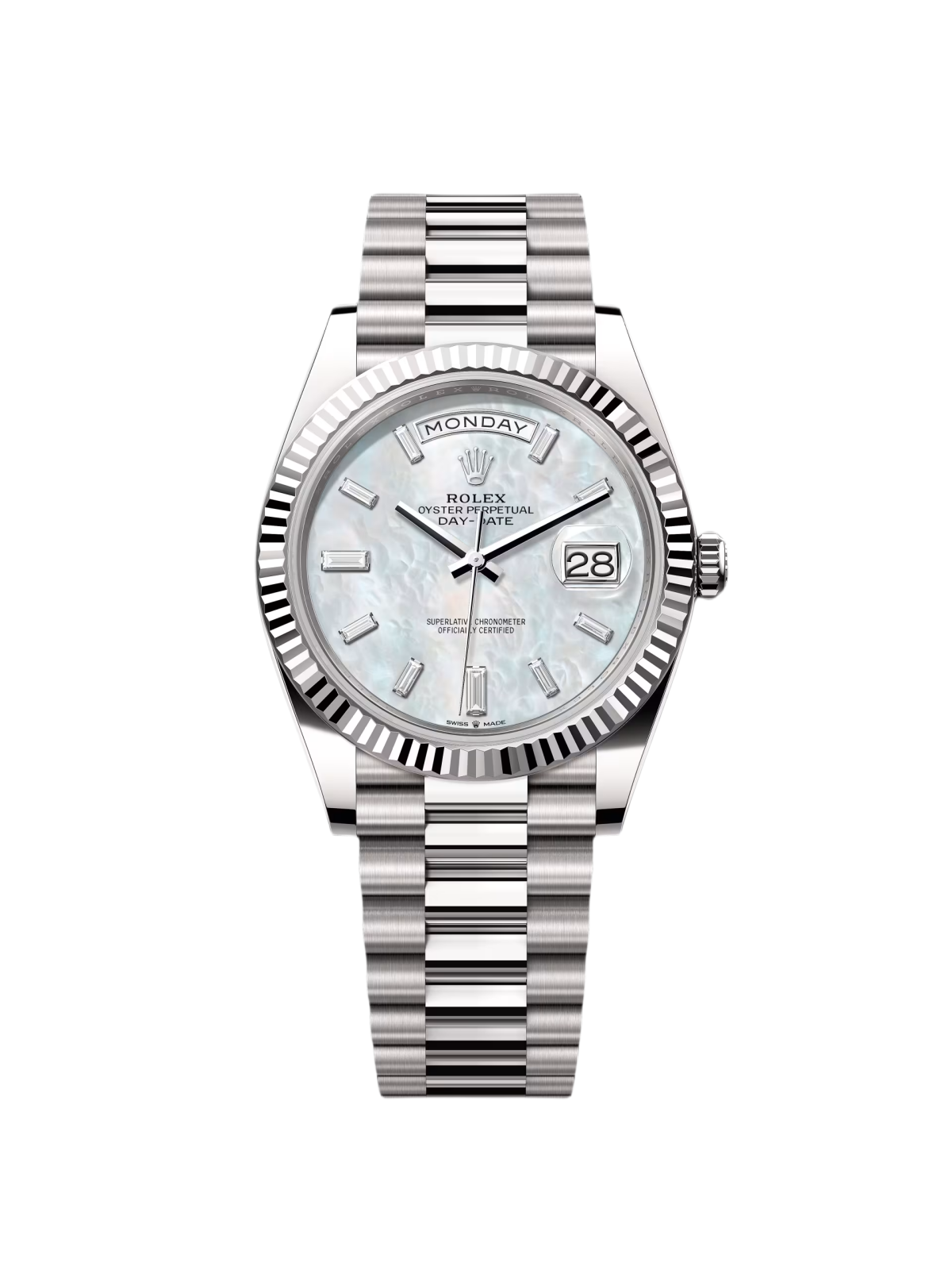 【Super Clone】RLX  Day-Date President 40mm White Gold Mother of Pearl Diamond Baguette Dial - 228239