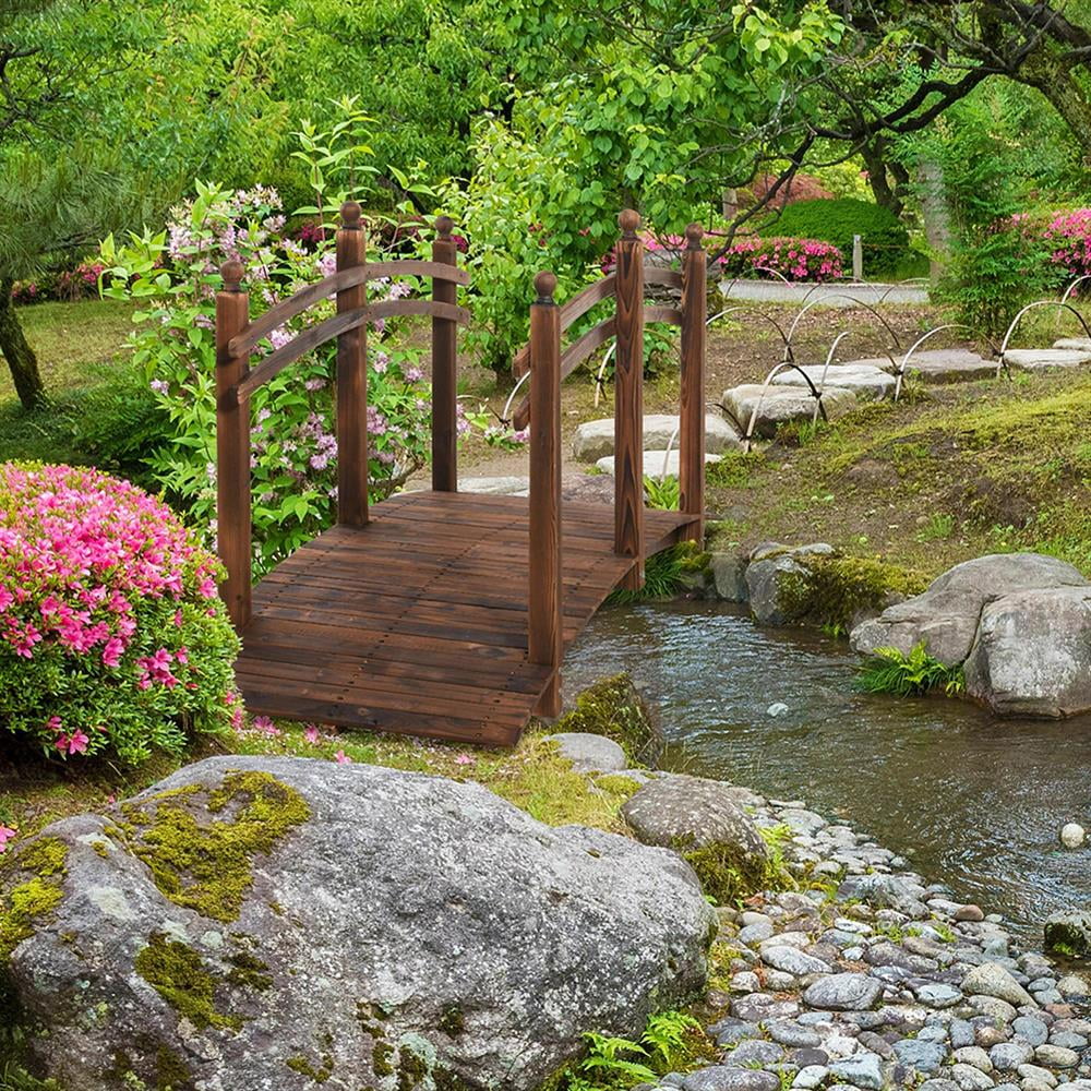Aimee Lii 7.5' Fir Wood Garden Bridge Arc Walkway with Side Railings, Perfect for Backyards, Gardens, Streams, Outdoor Garden Bridge, Carbonized