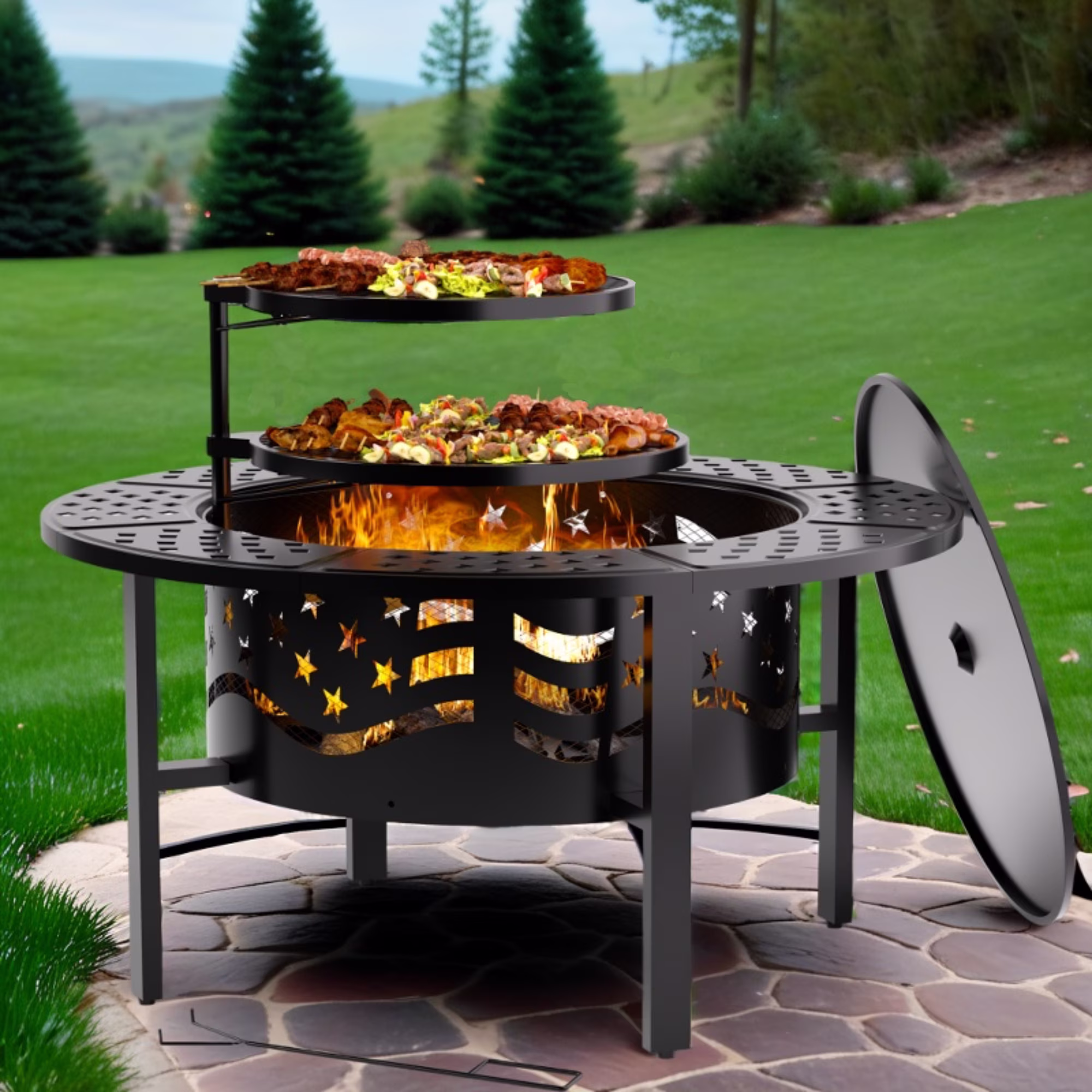 Fire Pit for Outside 42" Wood Burning Fire Pit Tables with 2 Adjustable Swivel BBQ Grills, Lid, Poker for Patio Backyard BBQ Ice Storage(42" x 42" x 28")