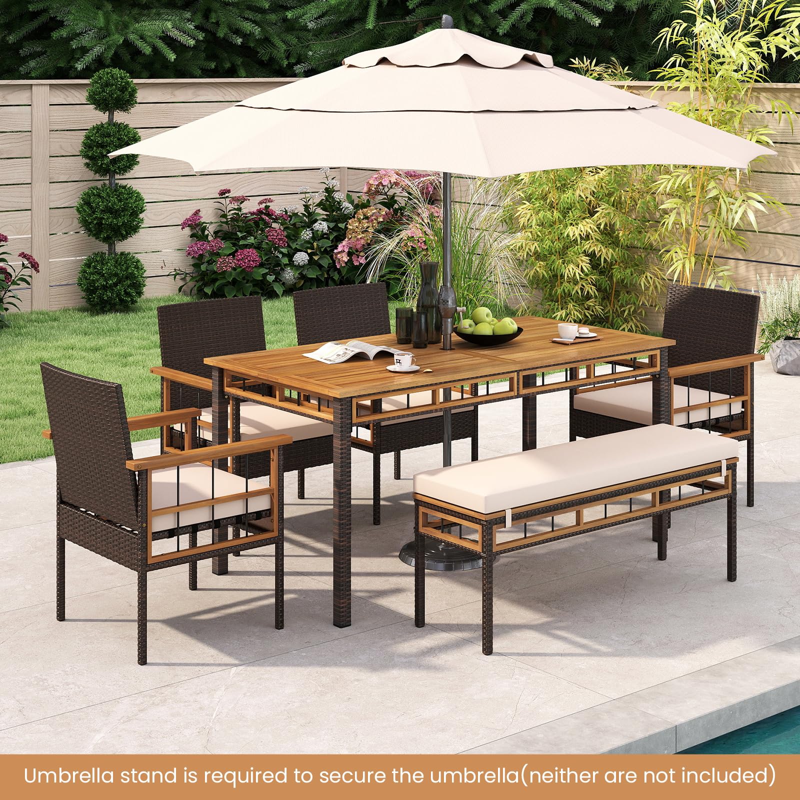 Tangkula 6 Pieces Patio Dining Table Set with 1.97” Umbrella Hole & Cushioned Backless Bench & 4 Armchairs