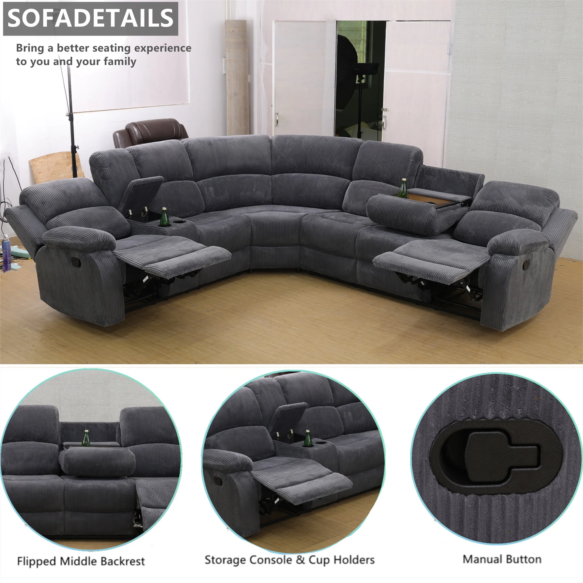 3-Piece Recliner Sofa Set, 6 Seat Sectional Couch with Cup HoldersStorage Console, Gray(Gray|Corduroy) - Image 4